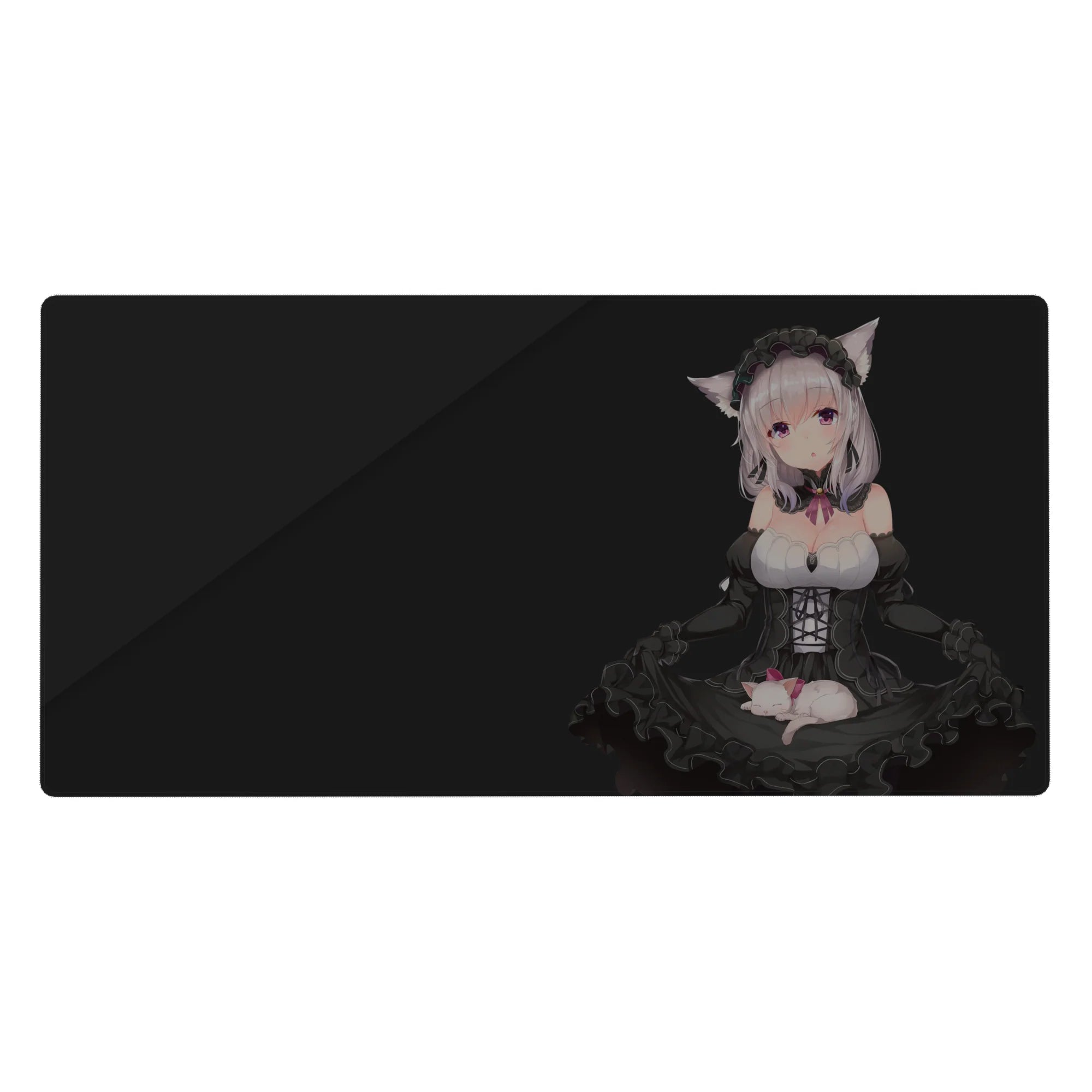 Anime girl desk pad 40x20 inches with gothic catgirl maid art, corset frills, and pink ribbon accents.