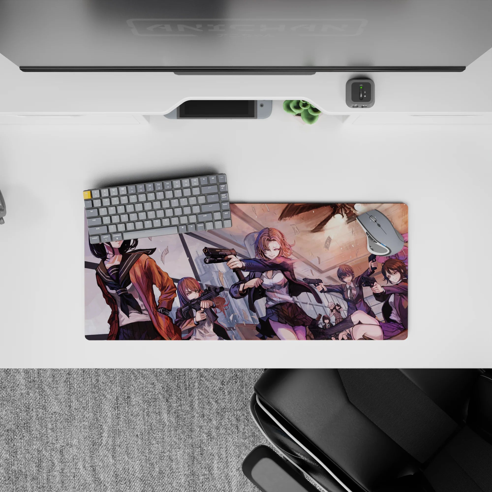 28x12 inches anime girl mouse pad in sunset orange and violet, cute-dangerous heist chaos vibe.