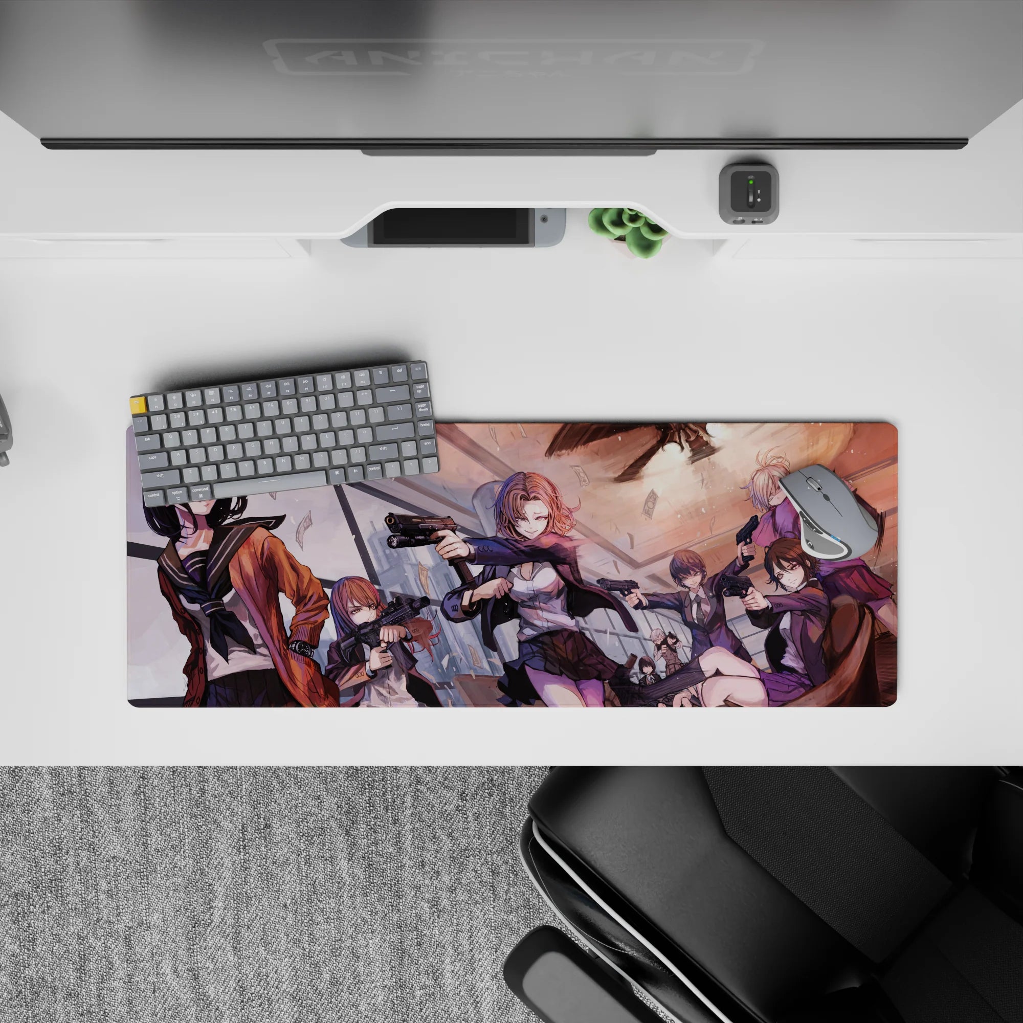 32x12 inches anime mouse pad in warm sunset oranges and cool violets, cute yet dangerous heist vibe.
