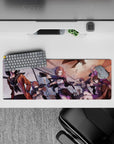 32x12 inches anime mouse pad in warm sunset oranges and cool violets, cute yet dangerous heist vibe.