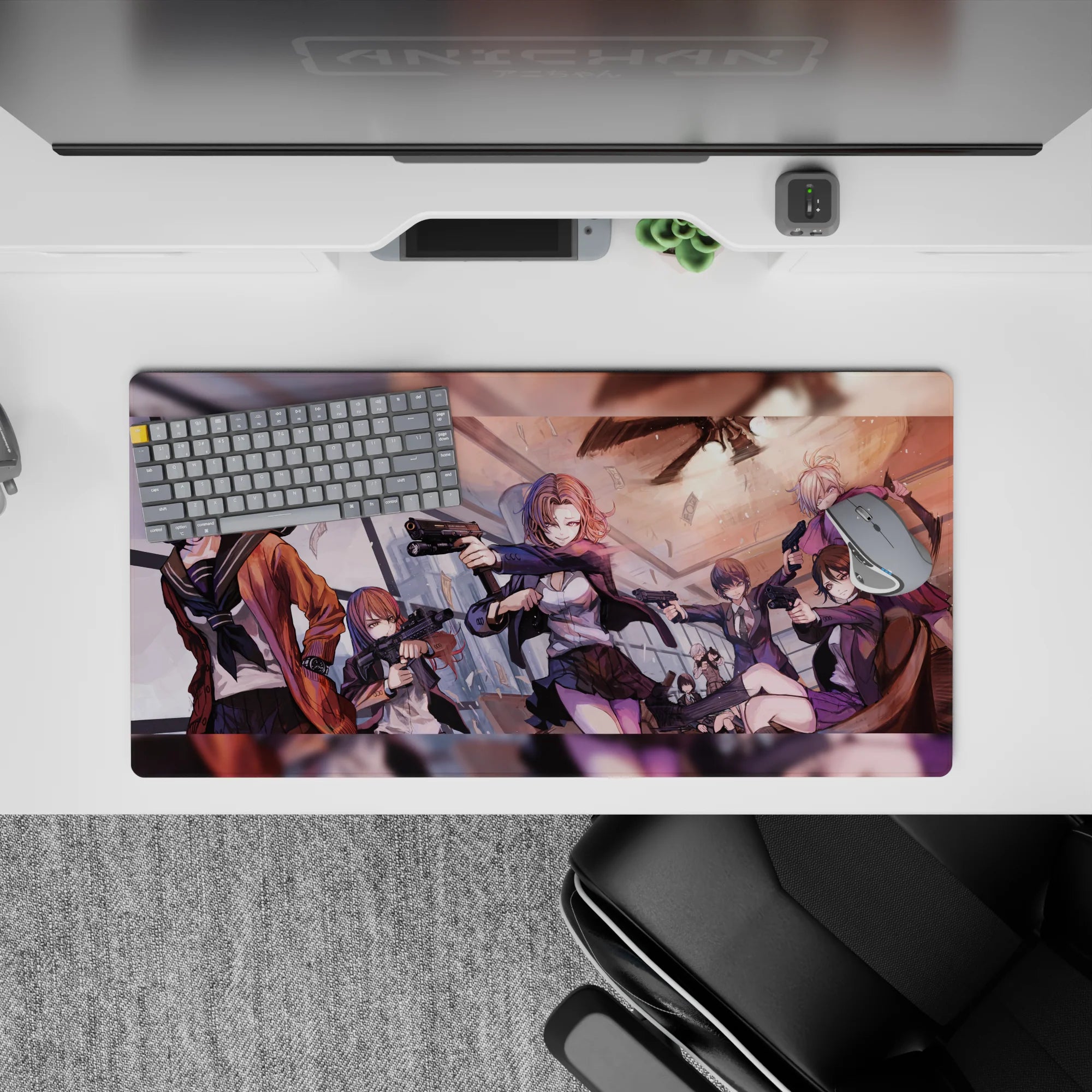 32x16 inches anime girl mouse pad in sunset orange and violet tones, cute yet dangerous heist vibe.
