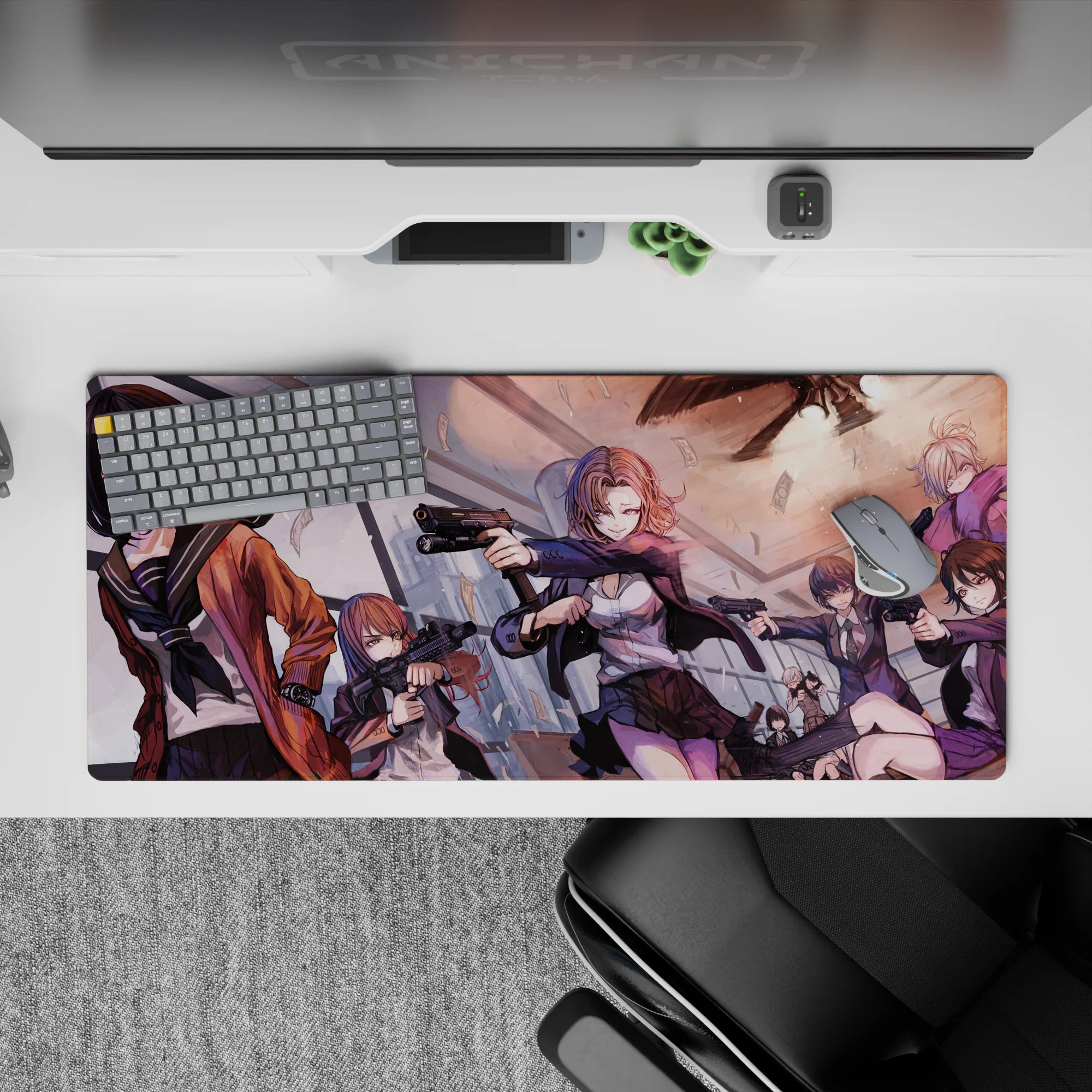 36x16 inches anime desk pad in warm sunset oranges and cool violets, chaotic heist vibe with cute edge.