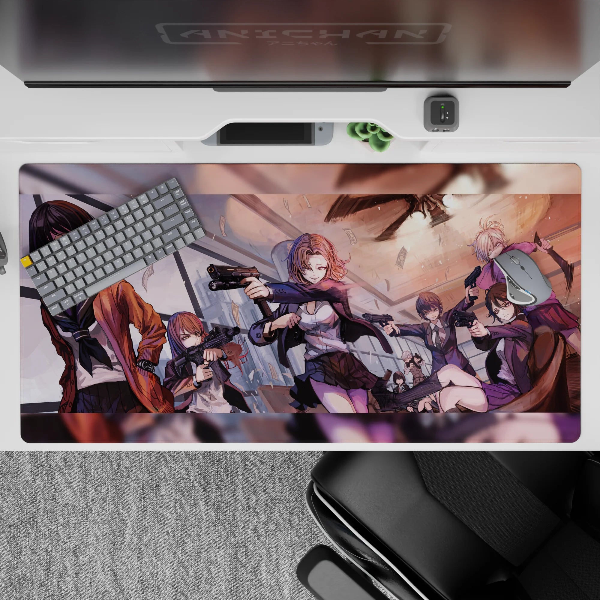 Sunset orange and violet anime girl desk pad 40x20 inches, glossy highlights and chaotic heist vibe.