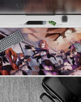 Sunset orange and violet anime girl desk pad 40x20 inches, glossy highlights and chaotic heist vibe.