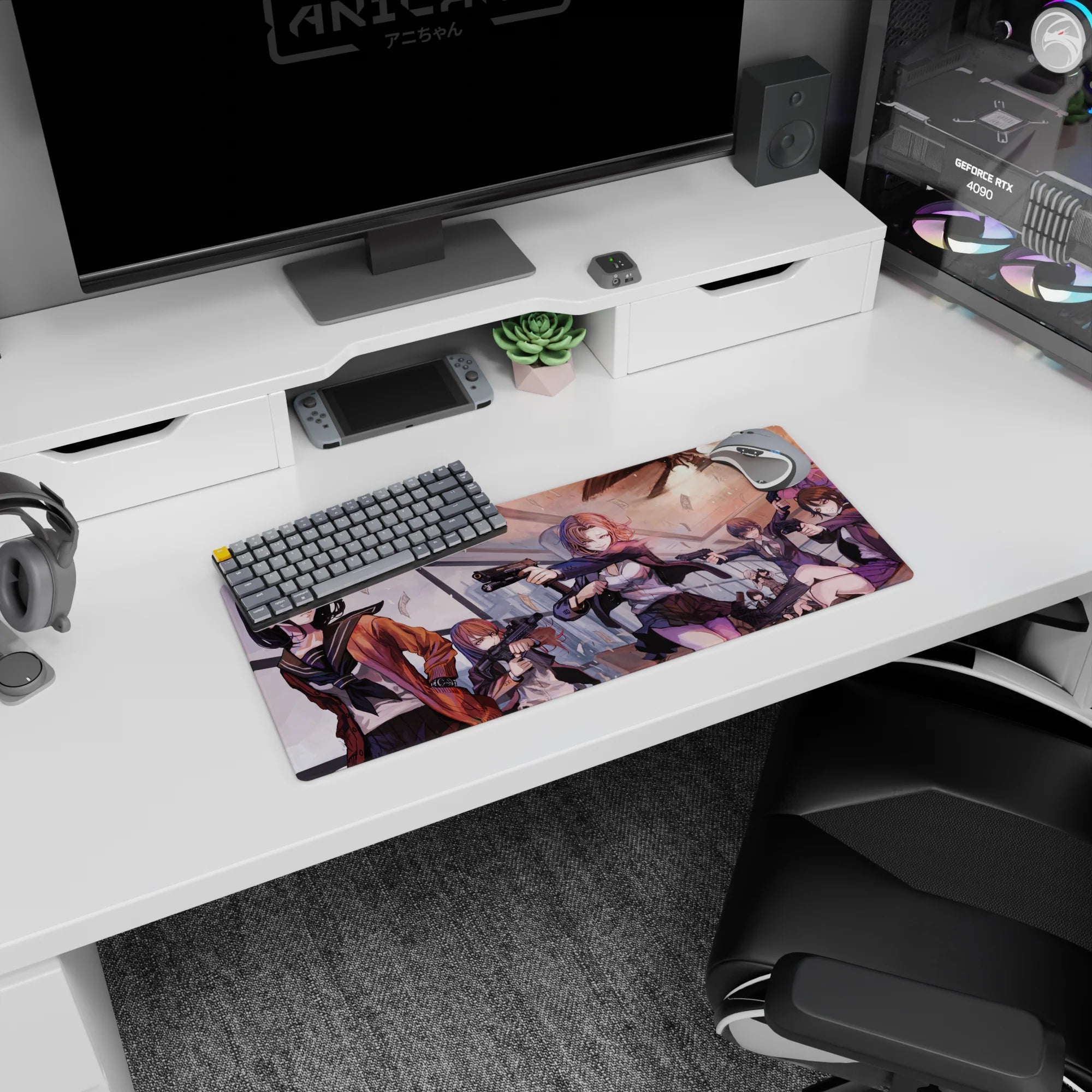 28x12 inches anime girl mouse pad showing sharp-eyed girls aiming pistols as money flutters around.