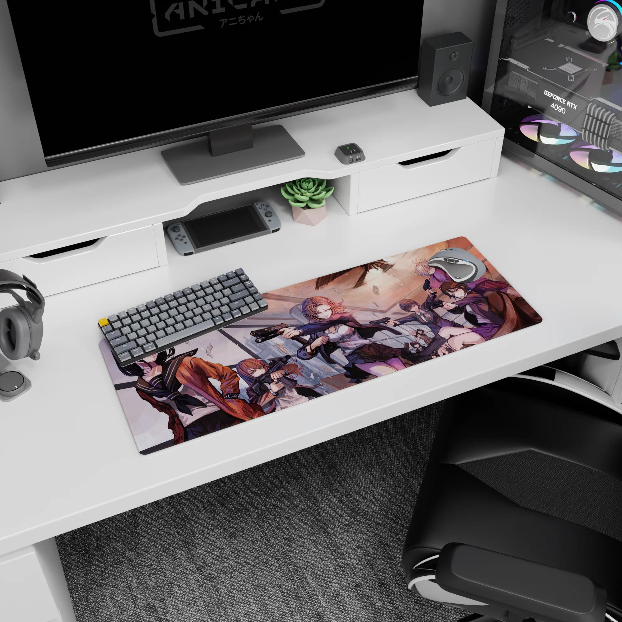 32x12 inches anime girl mouse pad featuring sharp-eyed girls aiming pistols as money flutters around.