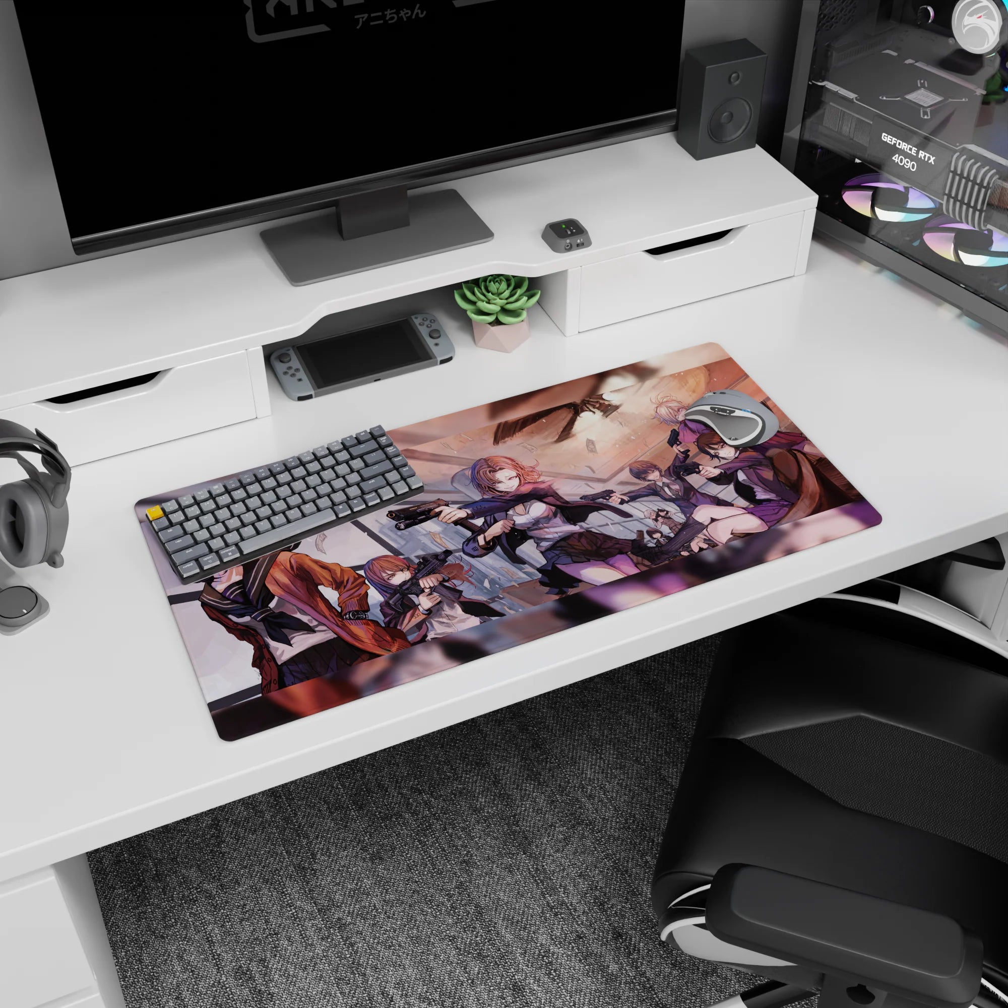 32x16 inches anime girl mouse pad showing sharp-eyed girls aiming pistols as money flutters around.