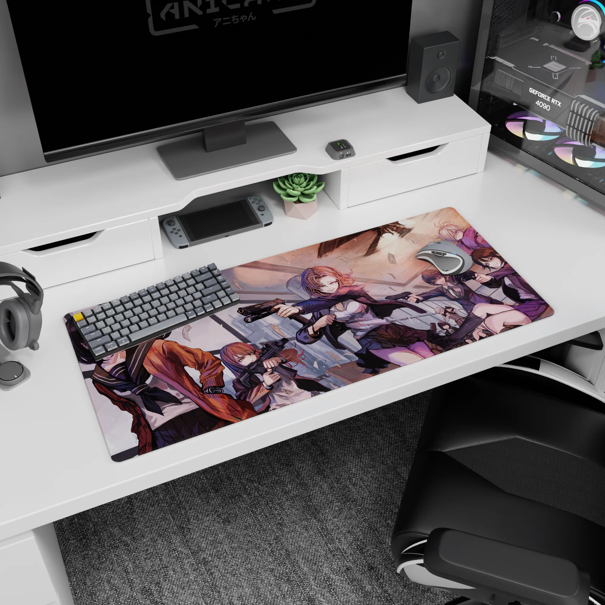 36x16 inches anime girl mouse pad showing sharp-eyed girls aiming pistols as money flutters around them.