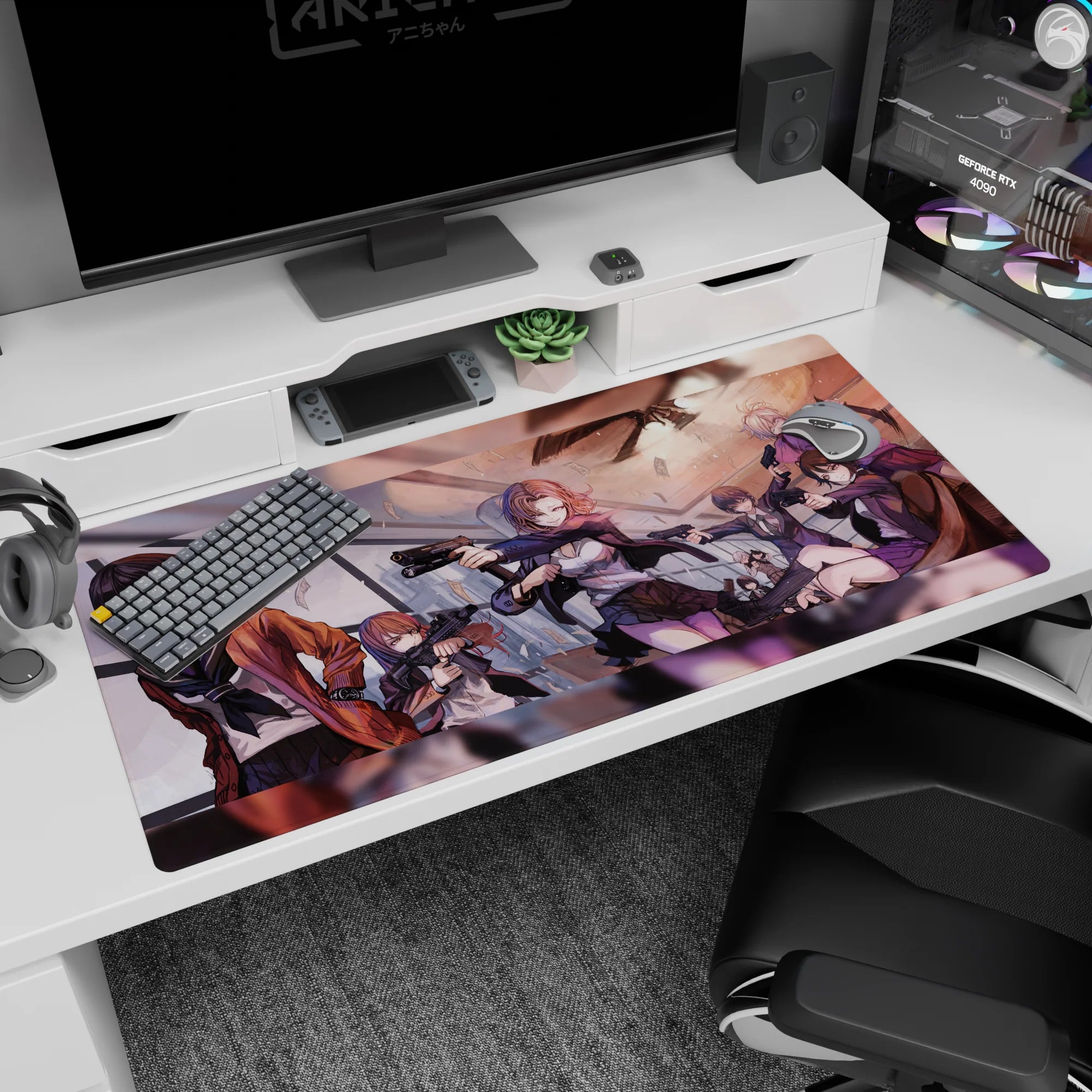 Anime girl desk pad 40x20 inches featuring sharp-eyed girls aiming pistols as money flutters around them.
