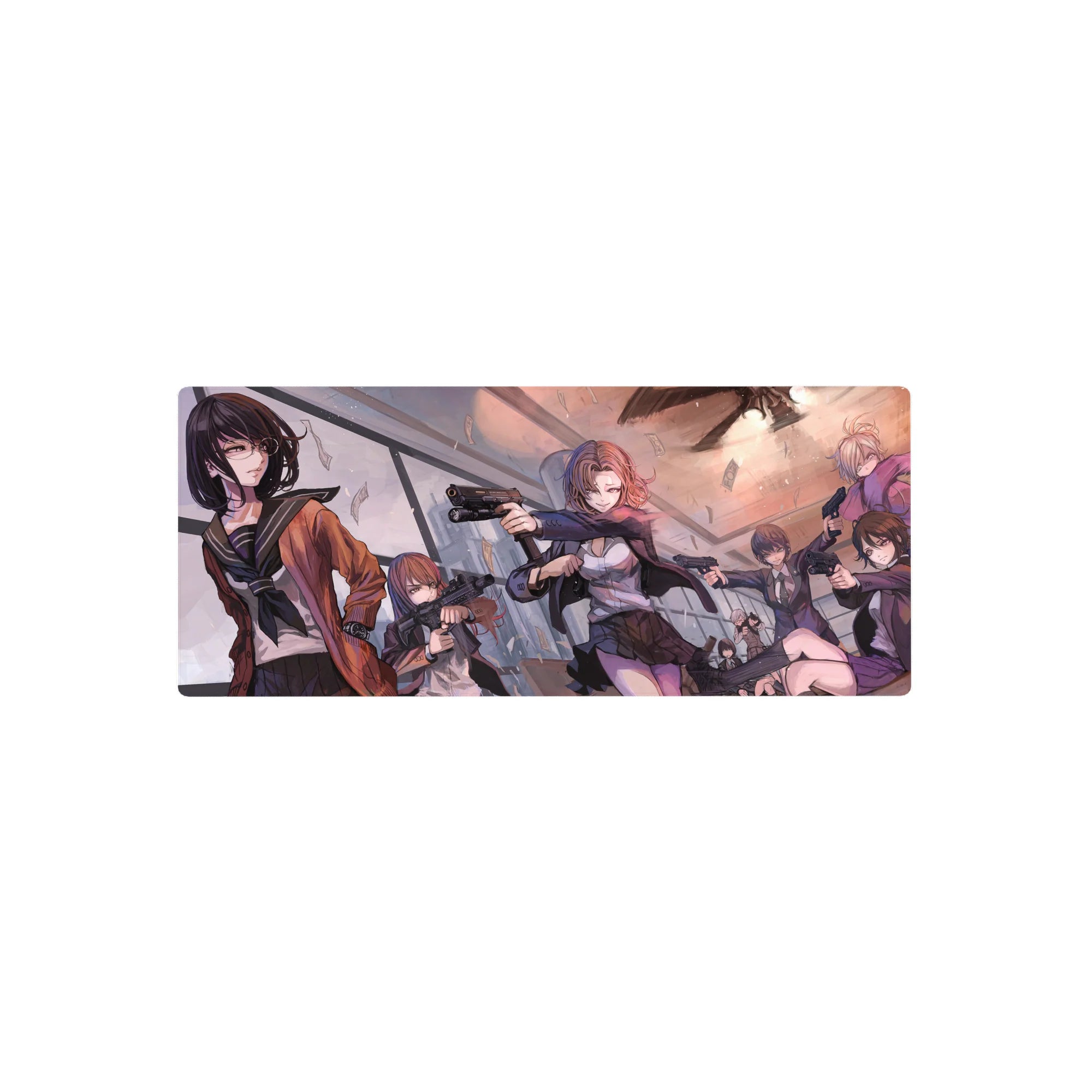 28x12 inches anime girl mouse pad with armed squad in a glassy heist scene and flying cash.