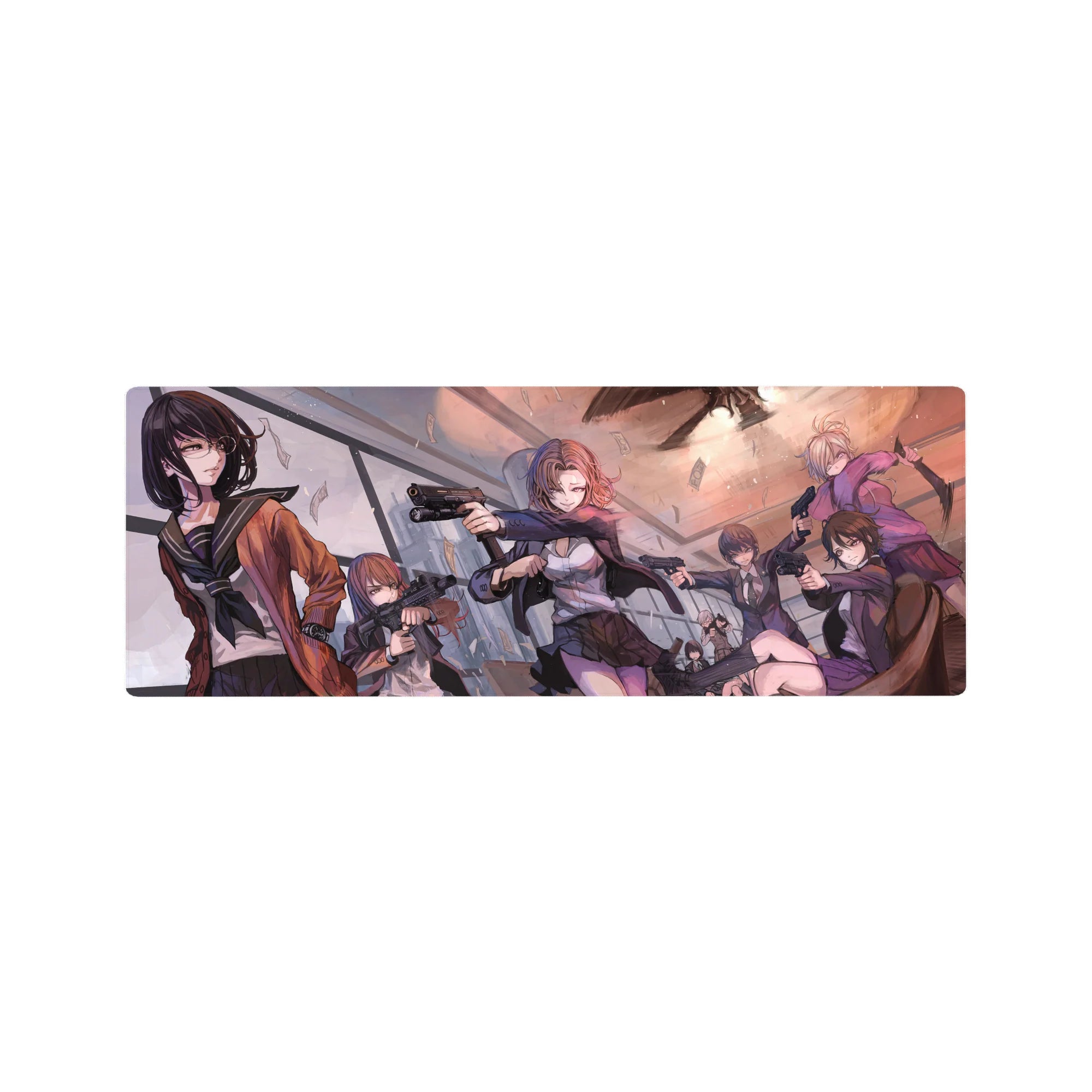32x12 inches anime girl mouse pad with heist squad artwork, cash-filled glass room, crisp linework.