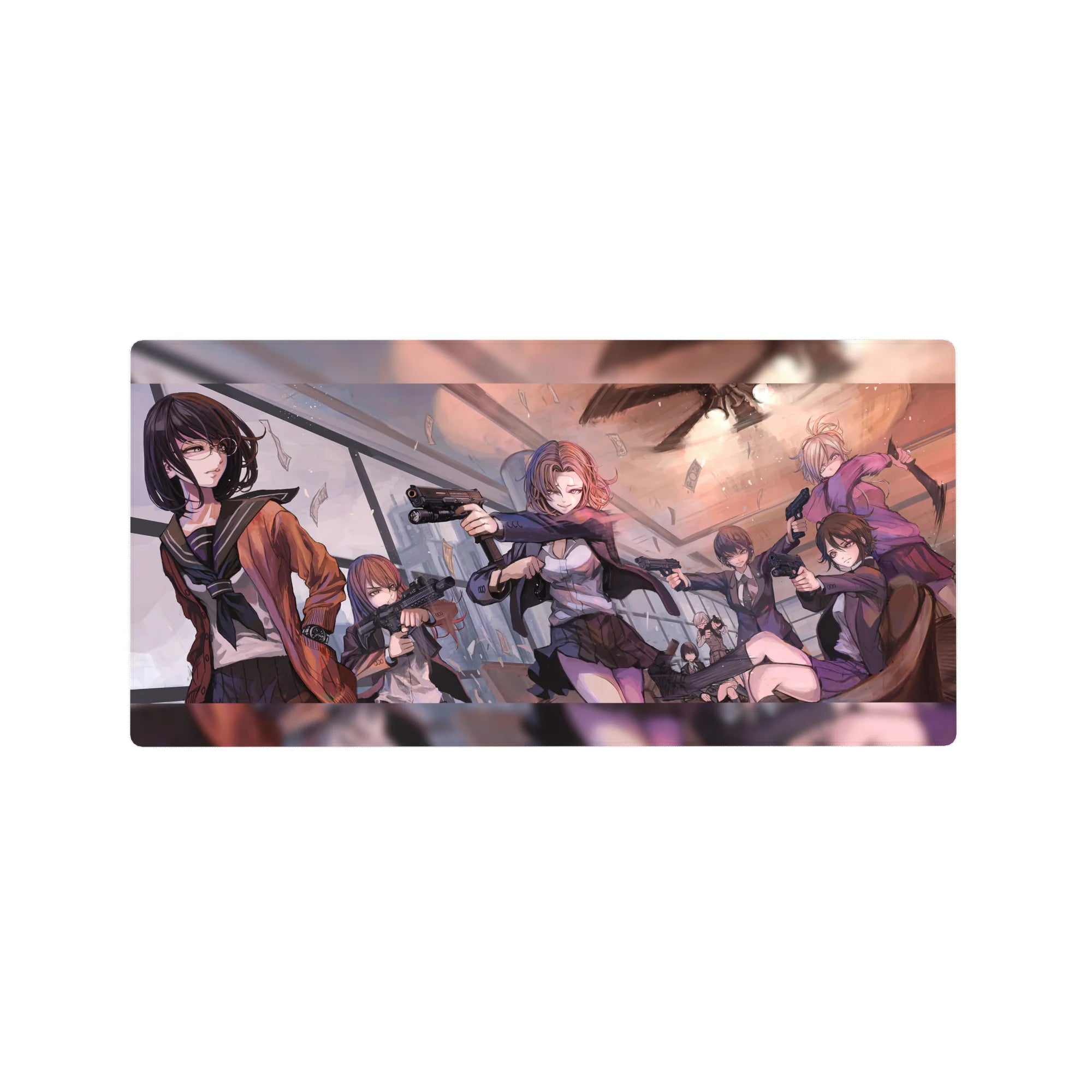 32x16 inches anime girl mouse pad with armed squad in glass room, cash flying, crisp linework.