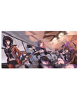 32x16 inches anime girl mouse pad with armed squad in glass room, cash flying, crisp linework.
