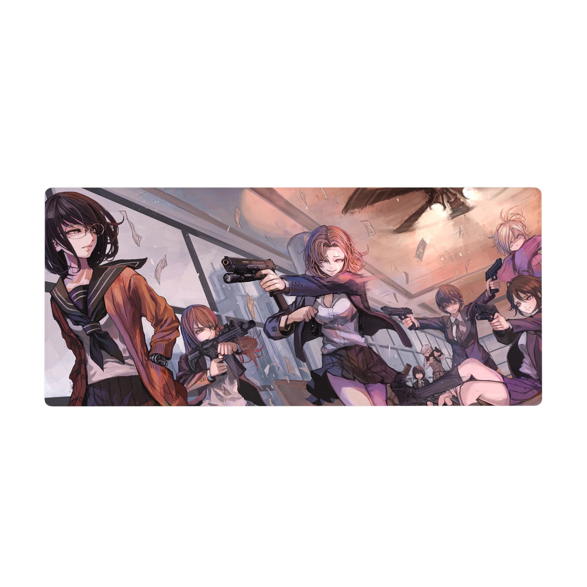 36x16 inches anime girl desk pad with squad gunfight heist scene, cash flying in a glossy glass room.