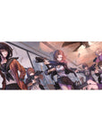 36x16 inches anime girl desk pad with squad gunfight heist scene, cash flying in a glossy glass room.