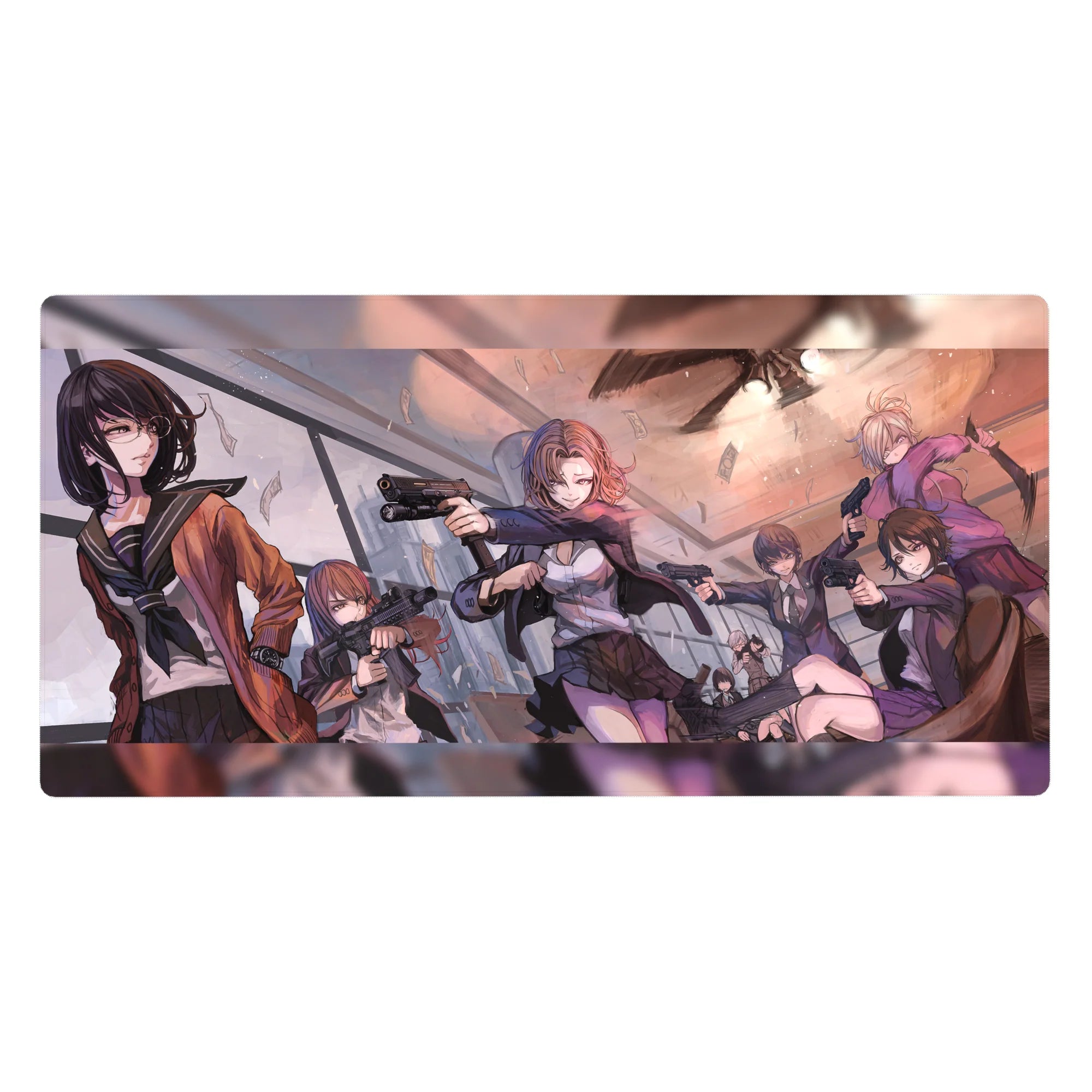 Anime girl desk pad 40x20 inches with squad heist scene, pistols drawn, cash flying in a glass room.