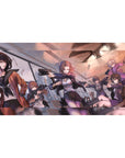 Anime girl desk pad 40x20 inches with squad heist scene, pistols drawn, cash flying in a glass room.