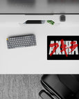 Cyberpunk desk mouse pad 14x10 inches in deep black with loud white contrast and raw crimson paint.