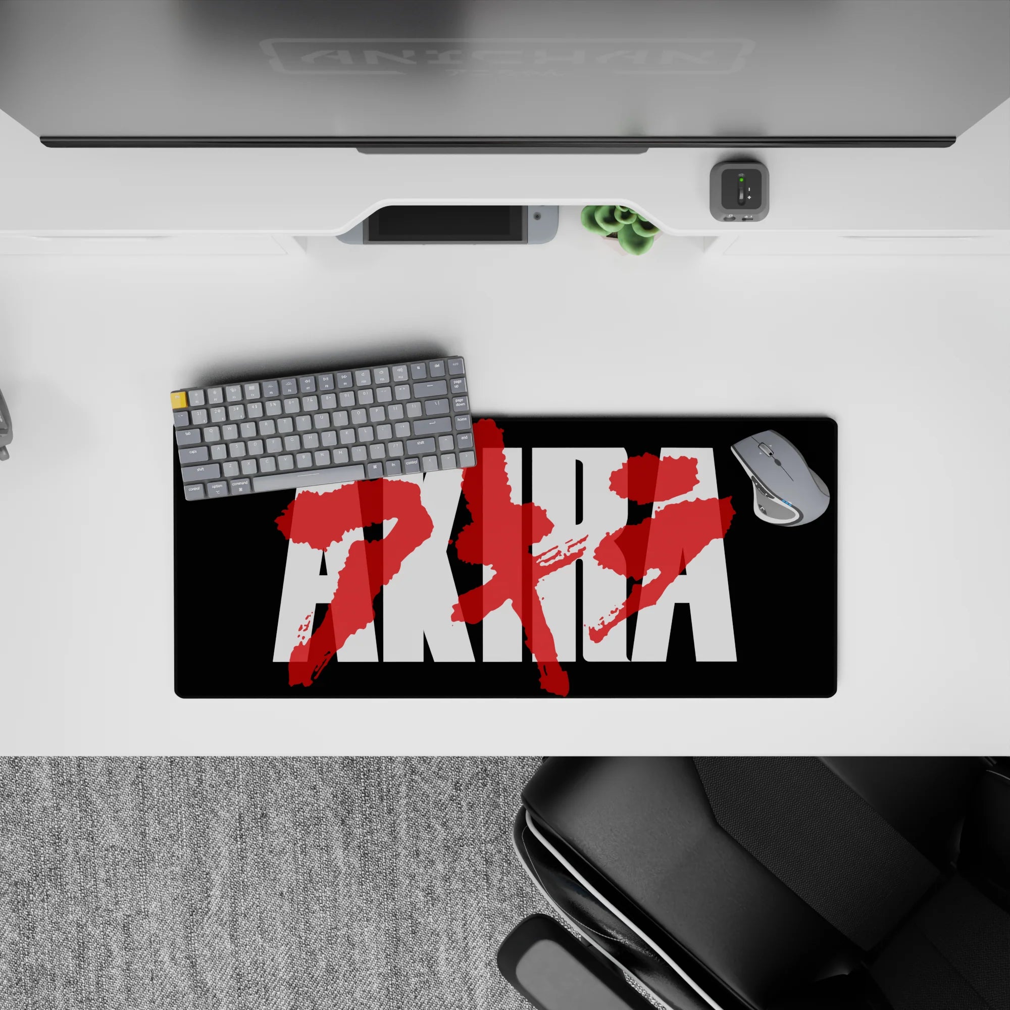 Cyberpunk black mouse pad 28x12 inches with high-contrast white blocks and raw crimson paint vibes.