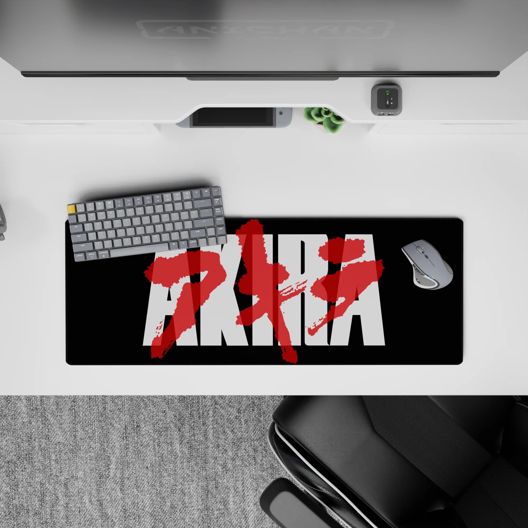 32x12 inches anime mouse pad in deep black with loud white contrast and raw crimson kanji, cyberpunk grit.