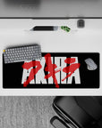 32x12 inches anime mouse pad in deep black with loud white contrast and raw crimson kanji, cyberpunk grit.