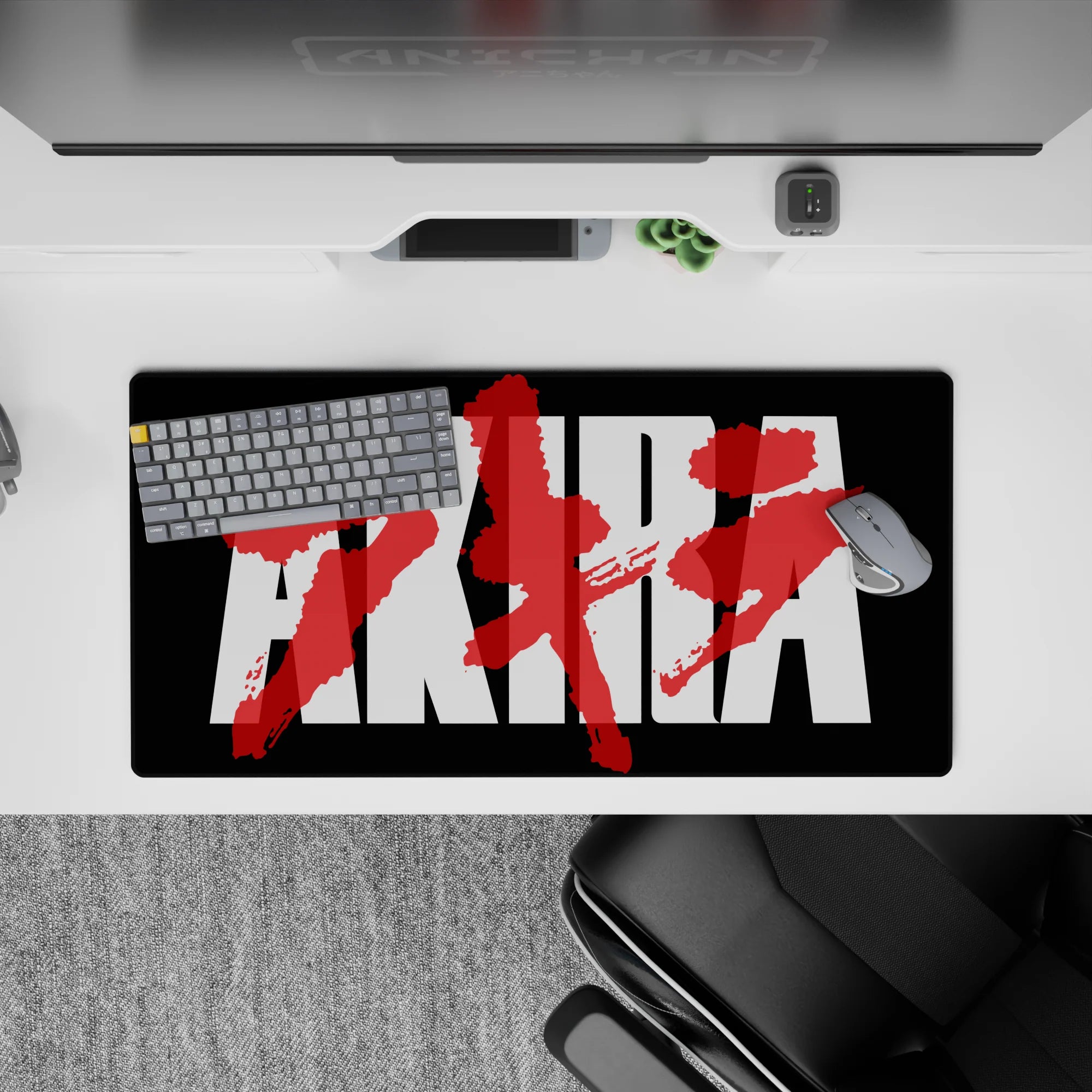 Cyberpunk desk mat anime mouse pad in black, stark white, and crimson brush strokes, 32x16 inches.