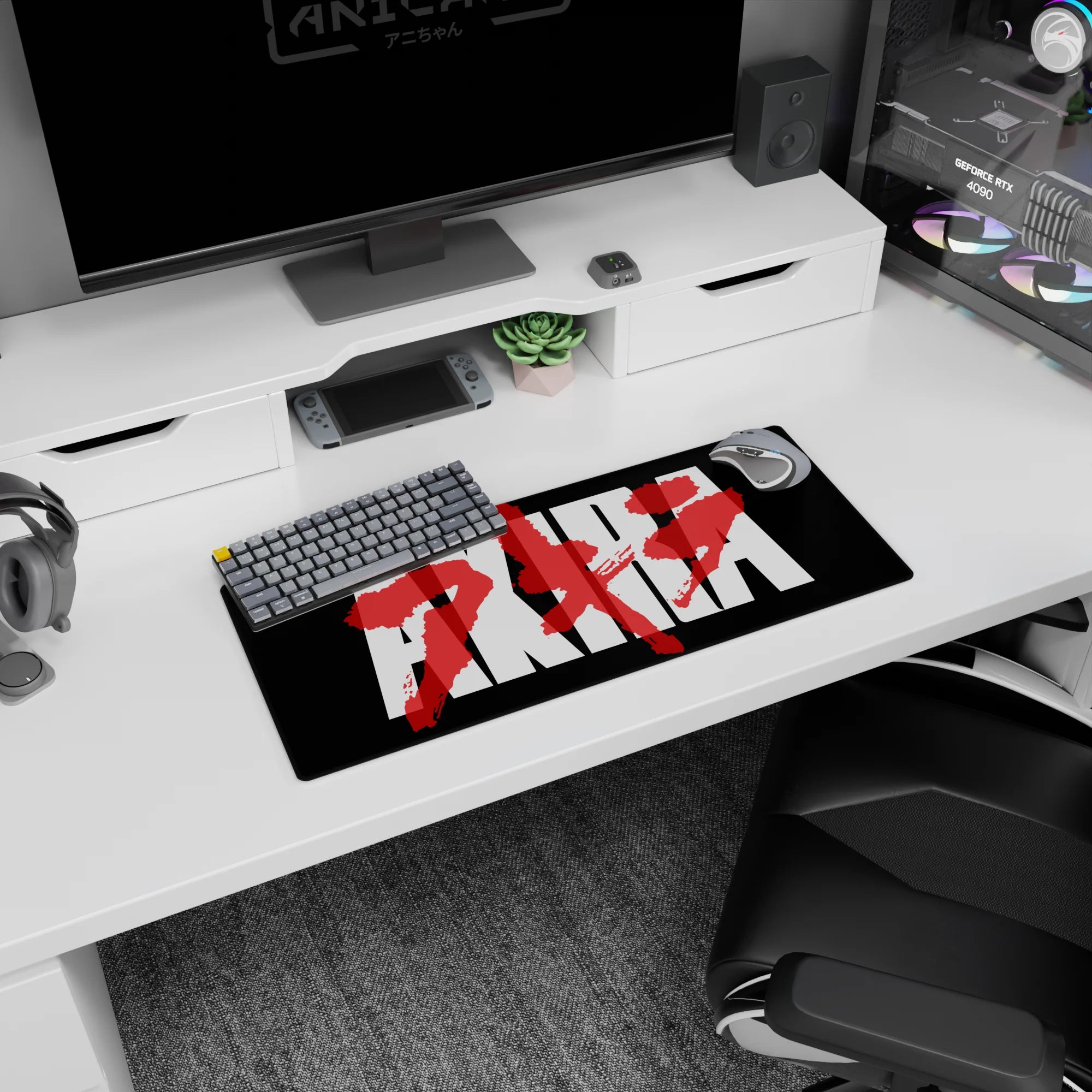 Akira graphic scene mouse pad 28x12 inches showing red kanji slashing across a rainy streetlight look.