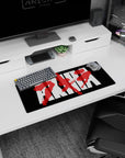 Akira graphic scene mouse pad 28x12 inches showing red kanji slashing across a rainy streetlight look.