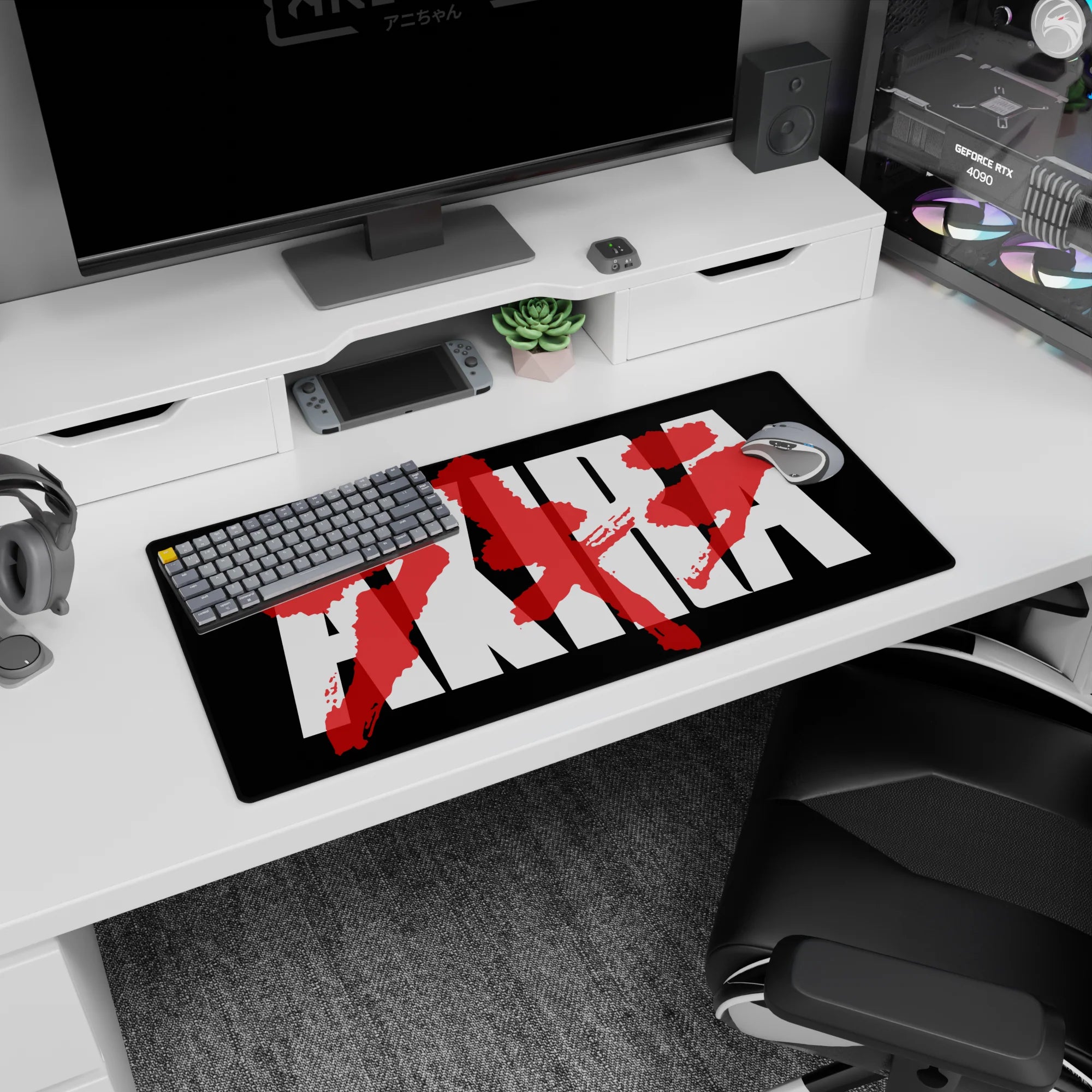 Akira-inspired kanji slash scene anime mouse pad like rain-streaked neon, 32x16 inches.