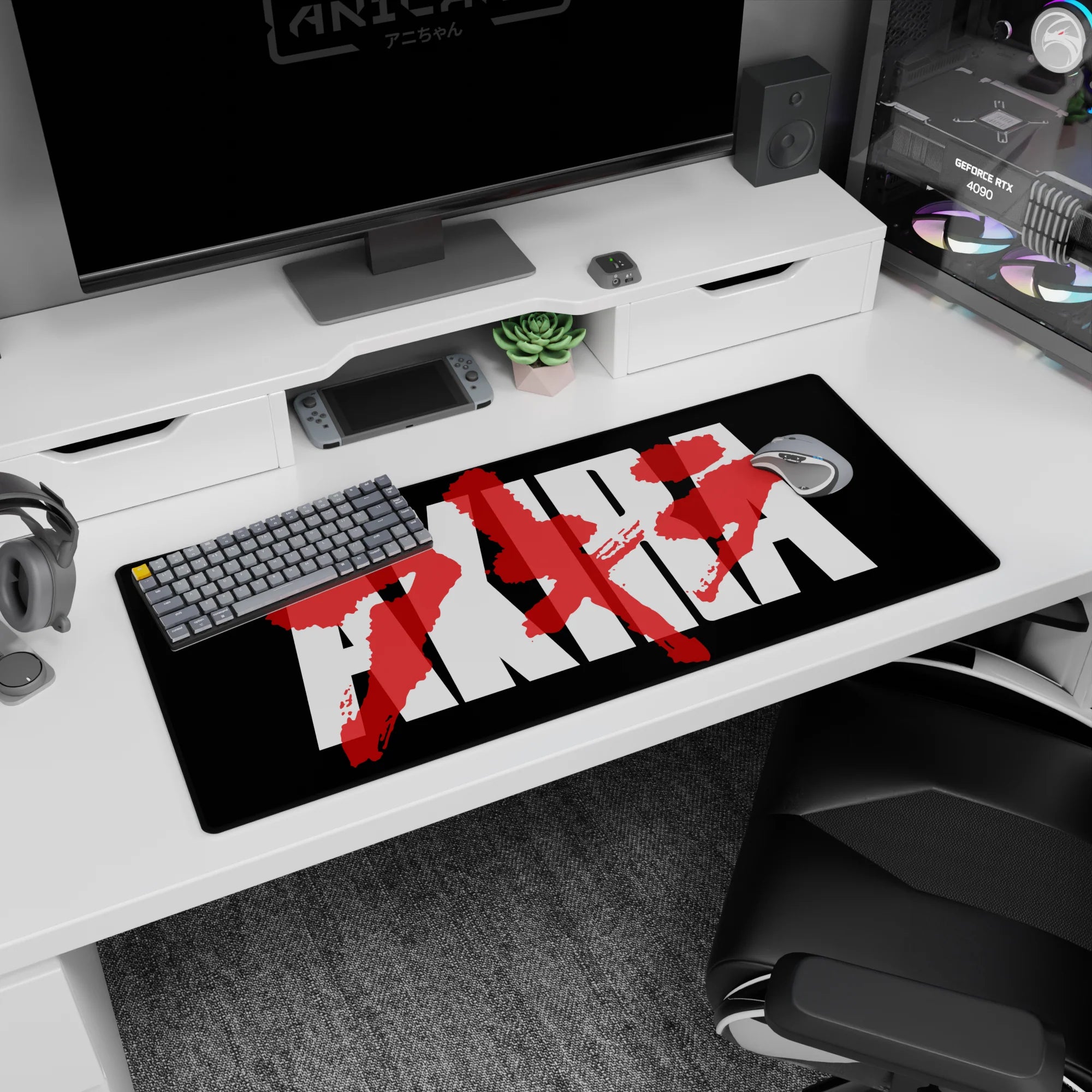 36x16 inches Akira anime desk pad featuring iconic typography and slashing red kanji like neon rain smears.