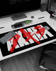 Akira-inspired kanji slash scene desk pad 40x20 inches, streetlight smear vibe over deep black background.