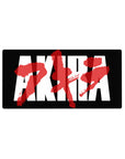 Akira typography anime mouse pad, black base with white blocks and red kanji, 32x16 inches.