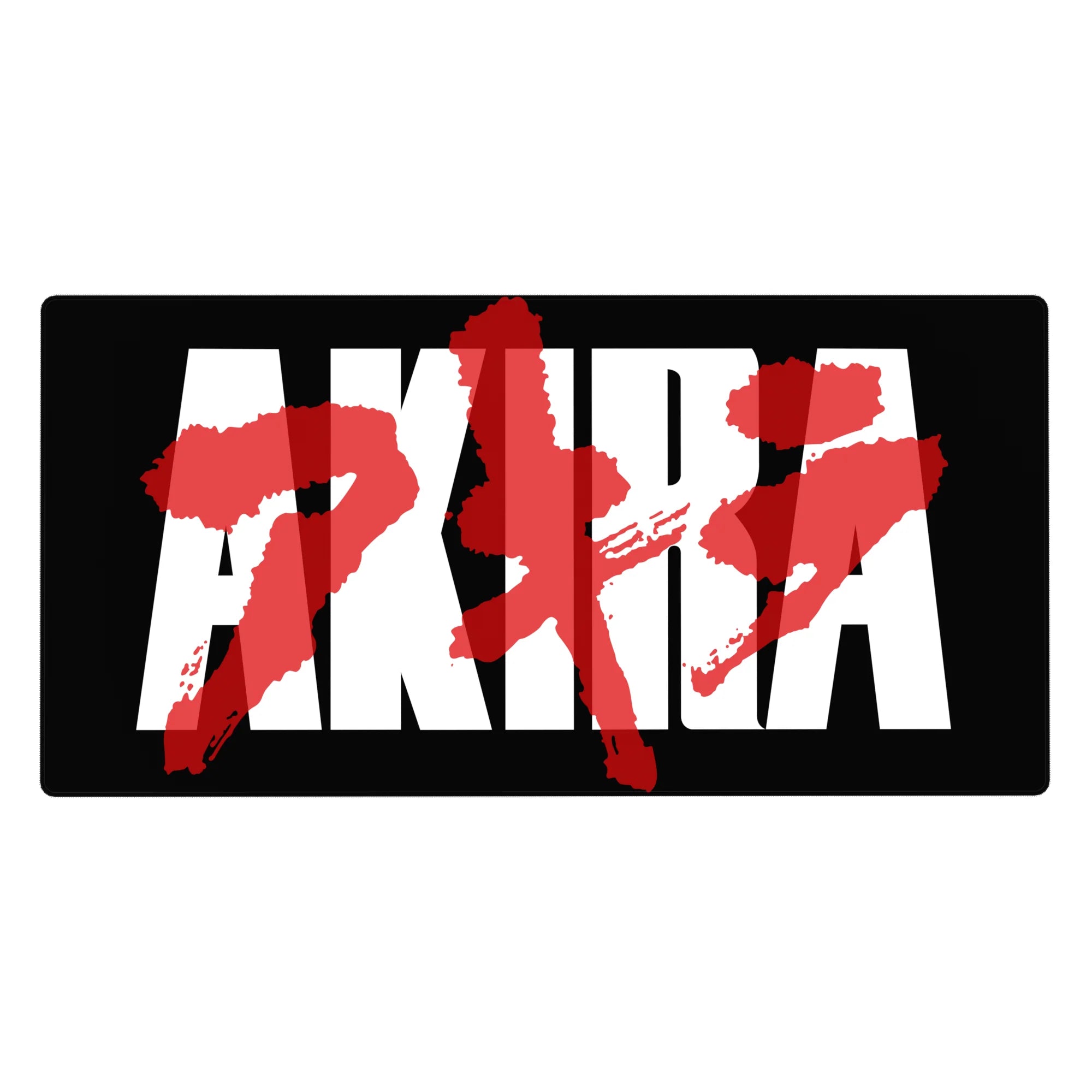 Akira typography anime desk pad 40x20 inches with bold white blocks and red kanji brush strokes on black.