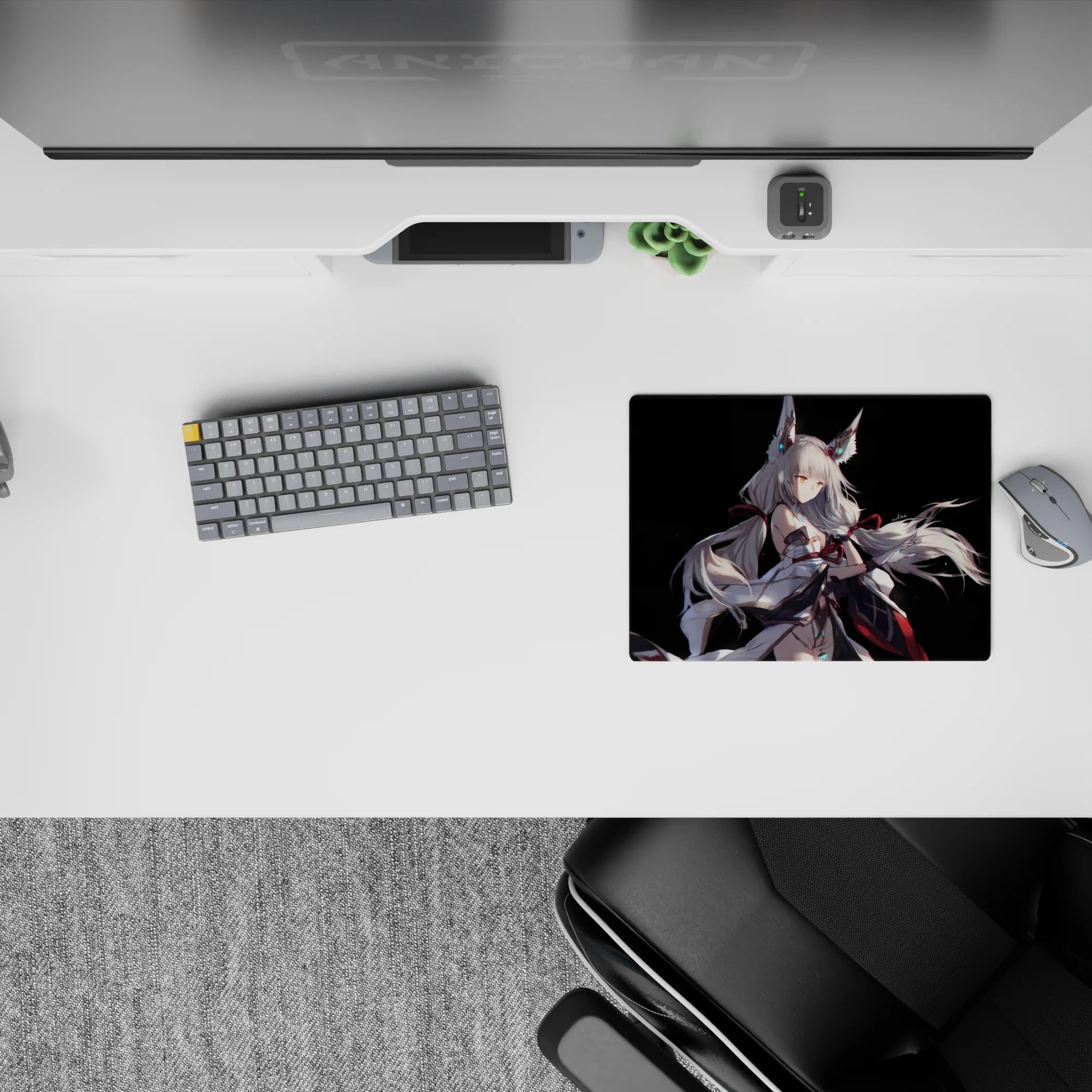 Black 14x10 inches anime mouse pad with cool white and cyan glow, subtle crimson trim, dreamy kitsune mood.