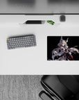 Black 14x10 inches anime mouse pad with cool white and cyan glow, subtle crimson trim, dreamy kitsune mood.