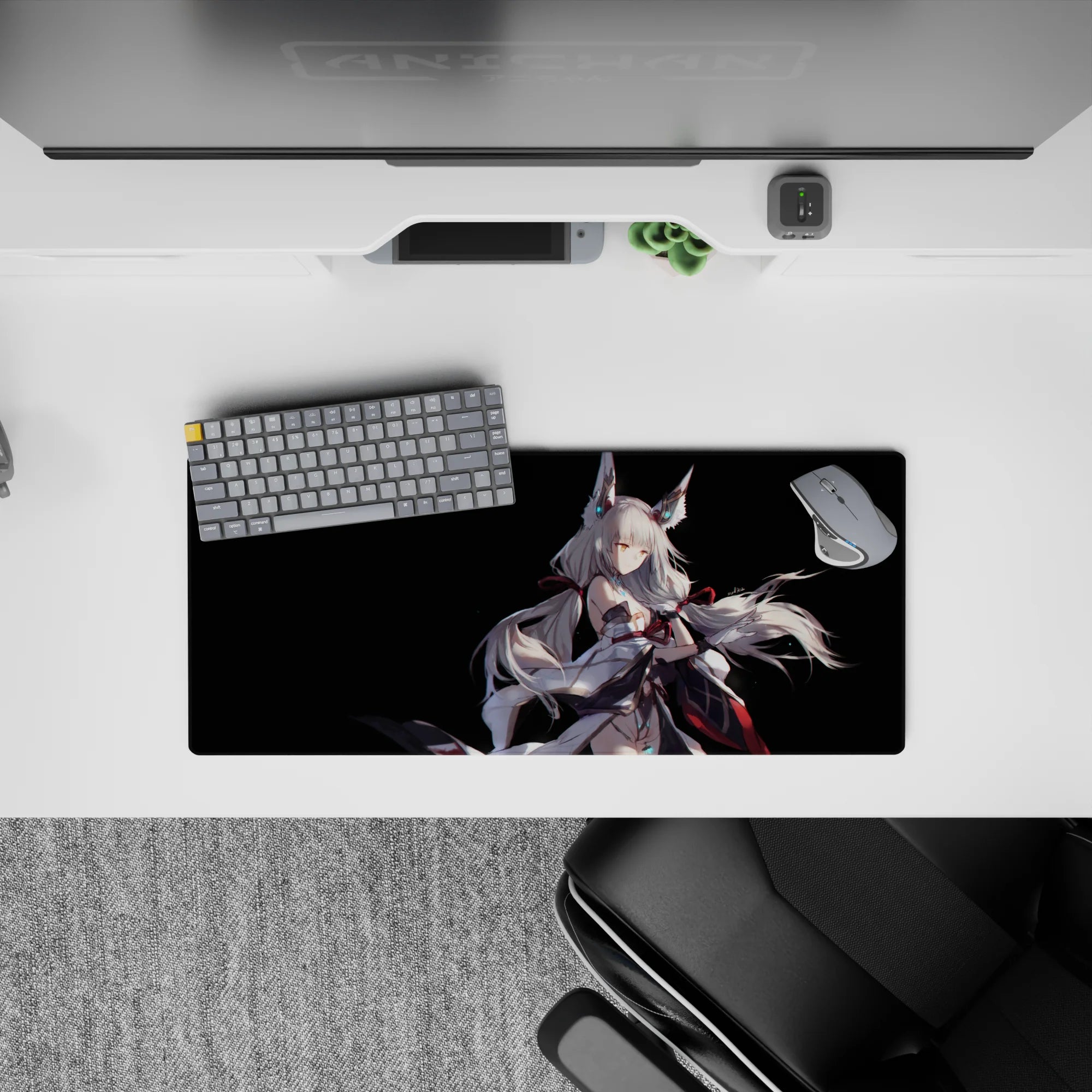 Anime girl mouse pad 28x12 inches in cool whites and cyan glow, cozy mysterious kitsune fantasy vibe.