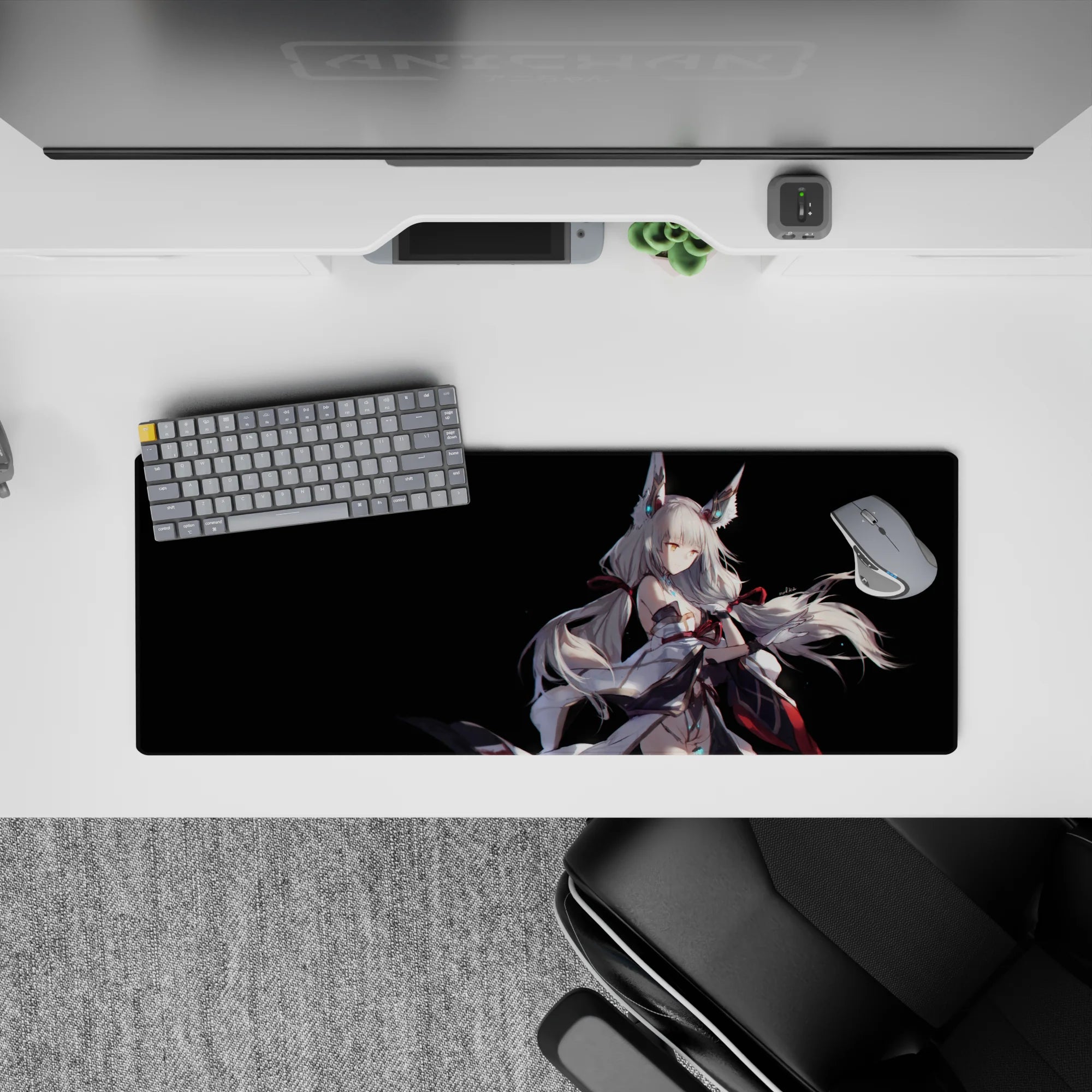 Anime girl mouse pad 32x12 inches in cool whites and cyan glow on deep black, cozy yet mysterious desk vibe.