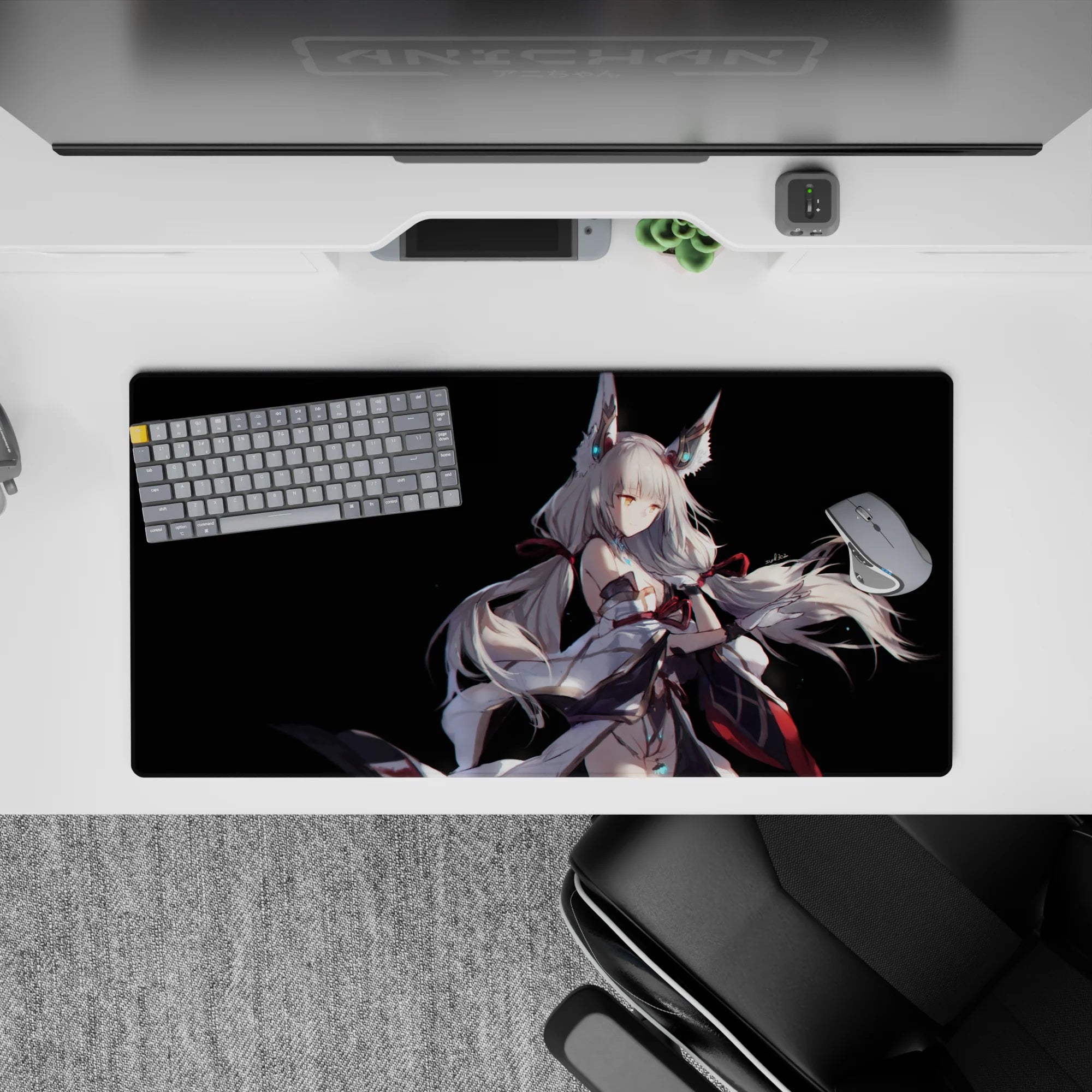 32x16 inches anime mouse pad in cool whites and faint cyan on black, cozy mysterious kitsune fantasy glow.