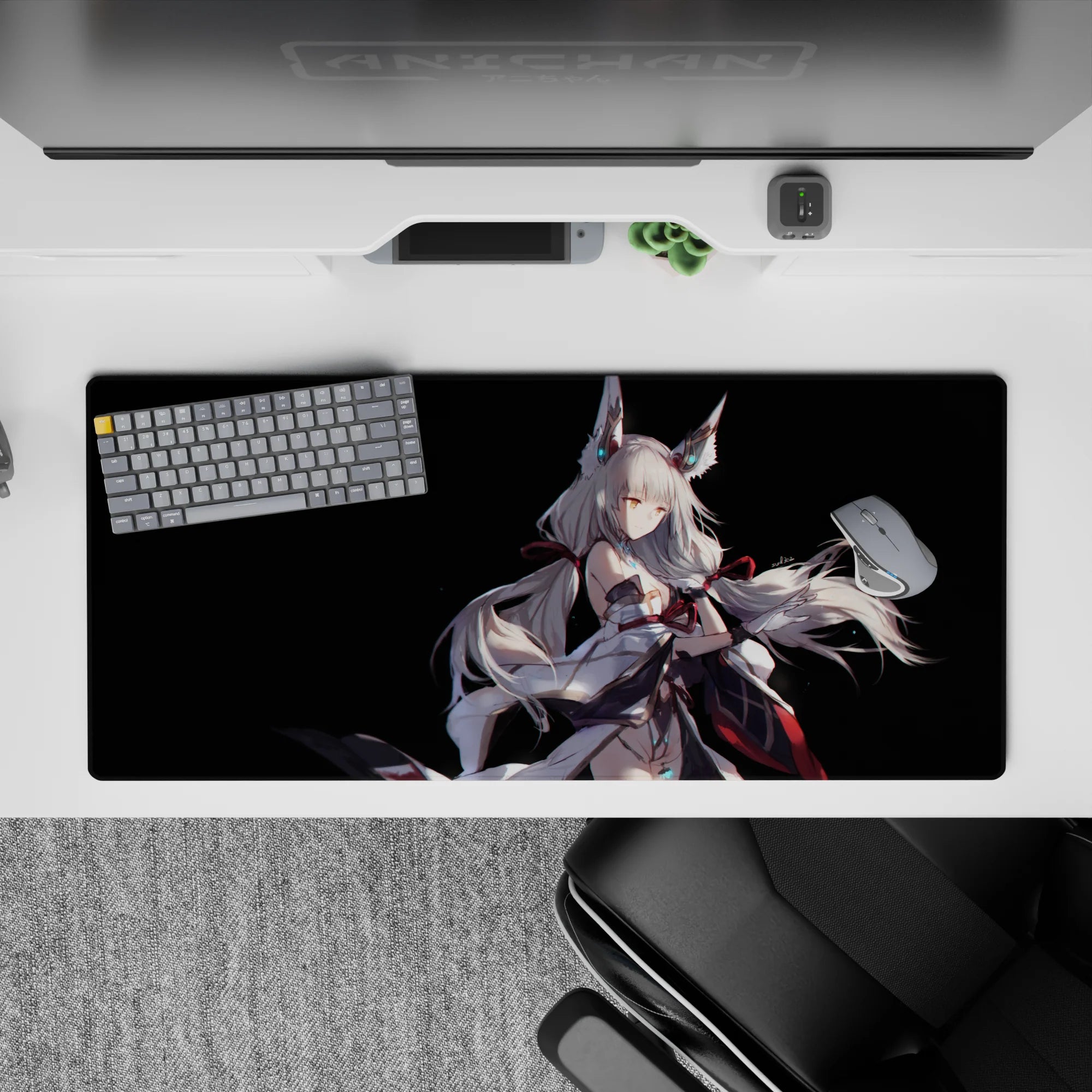 Moody black anime desk pad with cool white and cyan glow plus crimson accents, 36x16 inches.