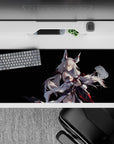 Moody black anime desk pad with cool white and cyan glow plus crimson accents, 36x16 inches.