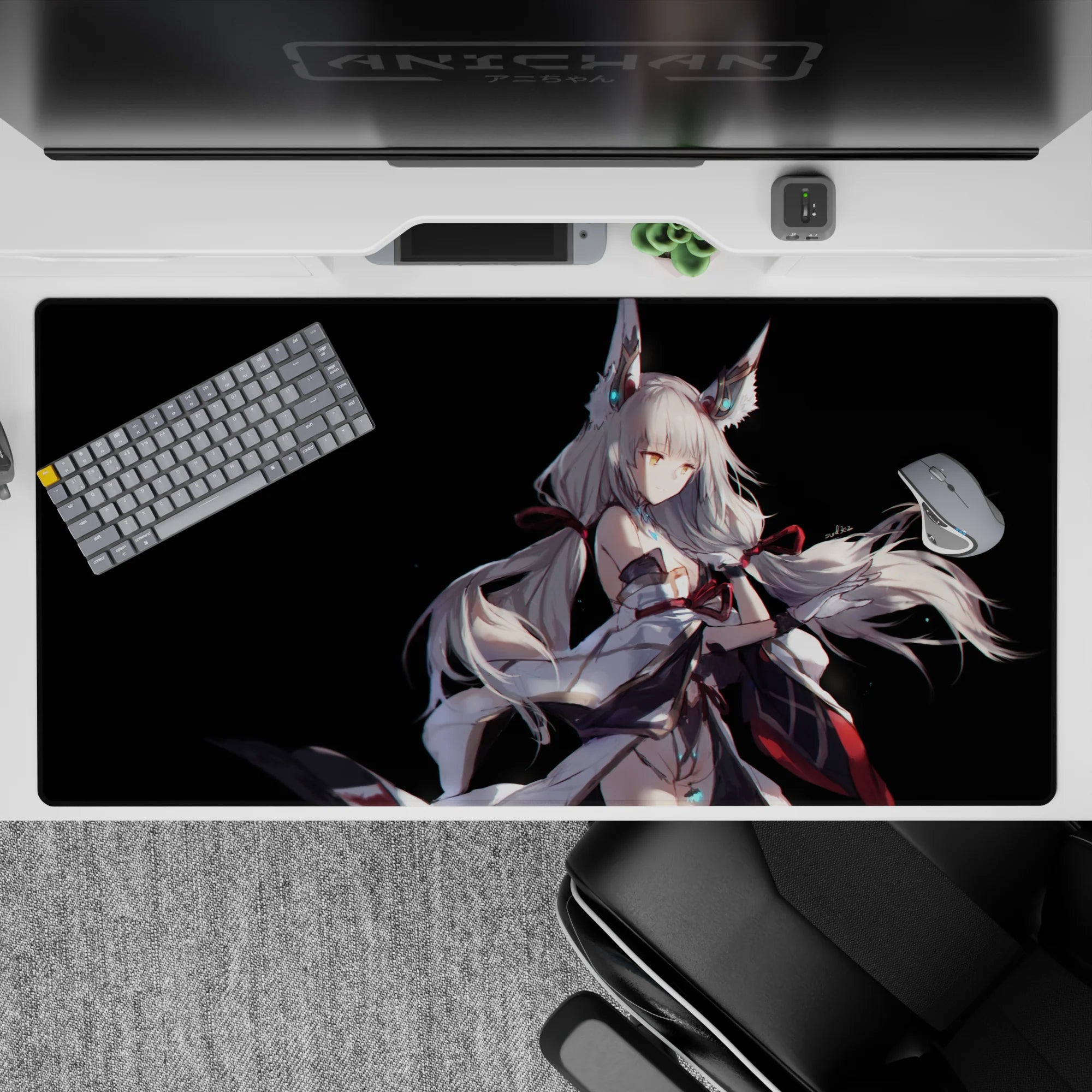Moody 40x20 inches anime desk pad in cool whites and cyan glow on black, with crimson trim for cozy mystery.