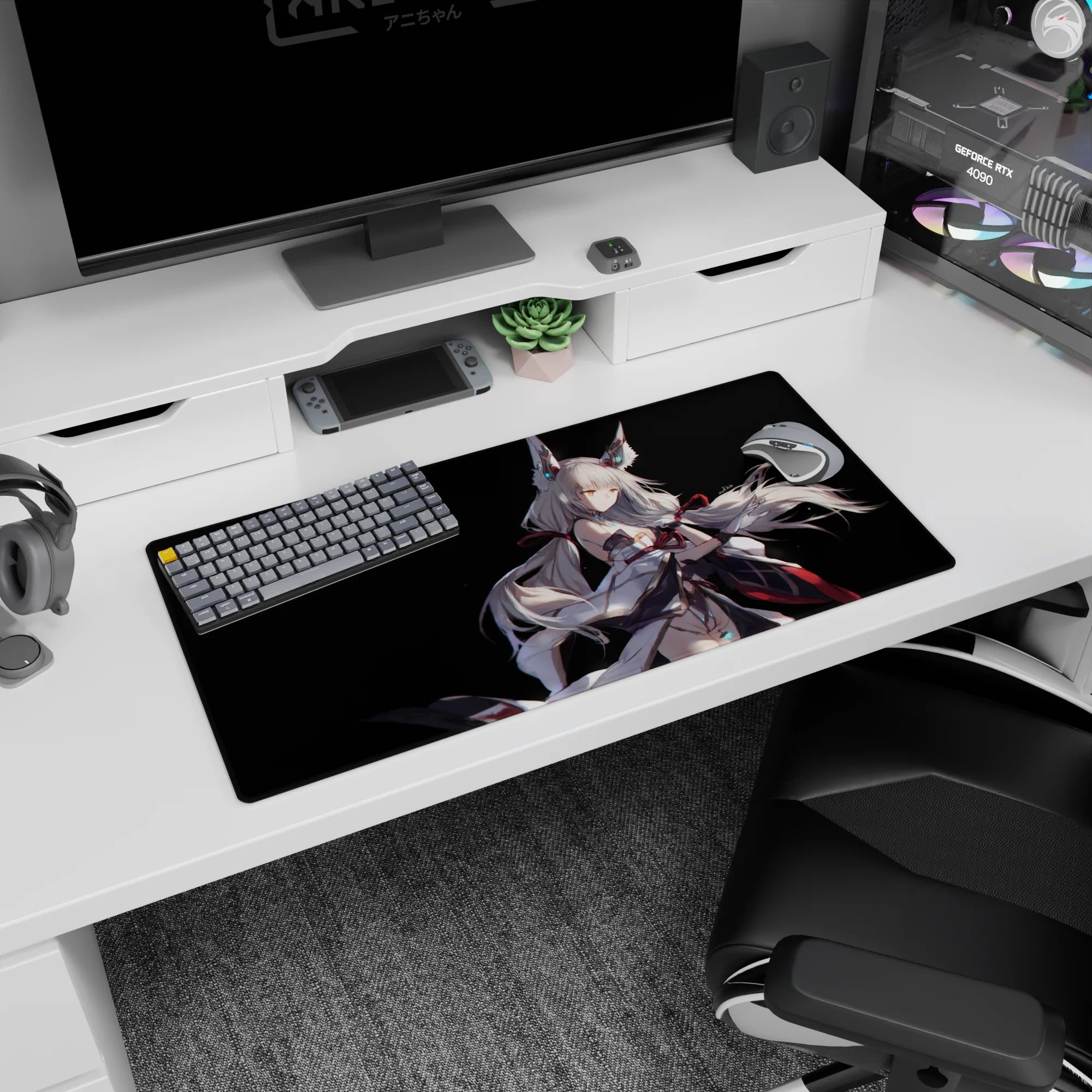 32x16 inches desk mat featuring a silver-haired kitsune girl with fox ears, crimson trim, tails curling like ink.