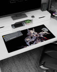 32x16 inches desk mat featuring a silver-haired kitsune girl with fox ears, crimson trim, tails curling like ink.