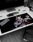 Fox-eared silver-haired kitsune girl 40x20 inches desk pad, ribbons swirling like ink on a dark backdrop.