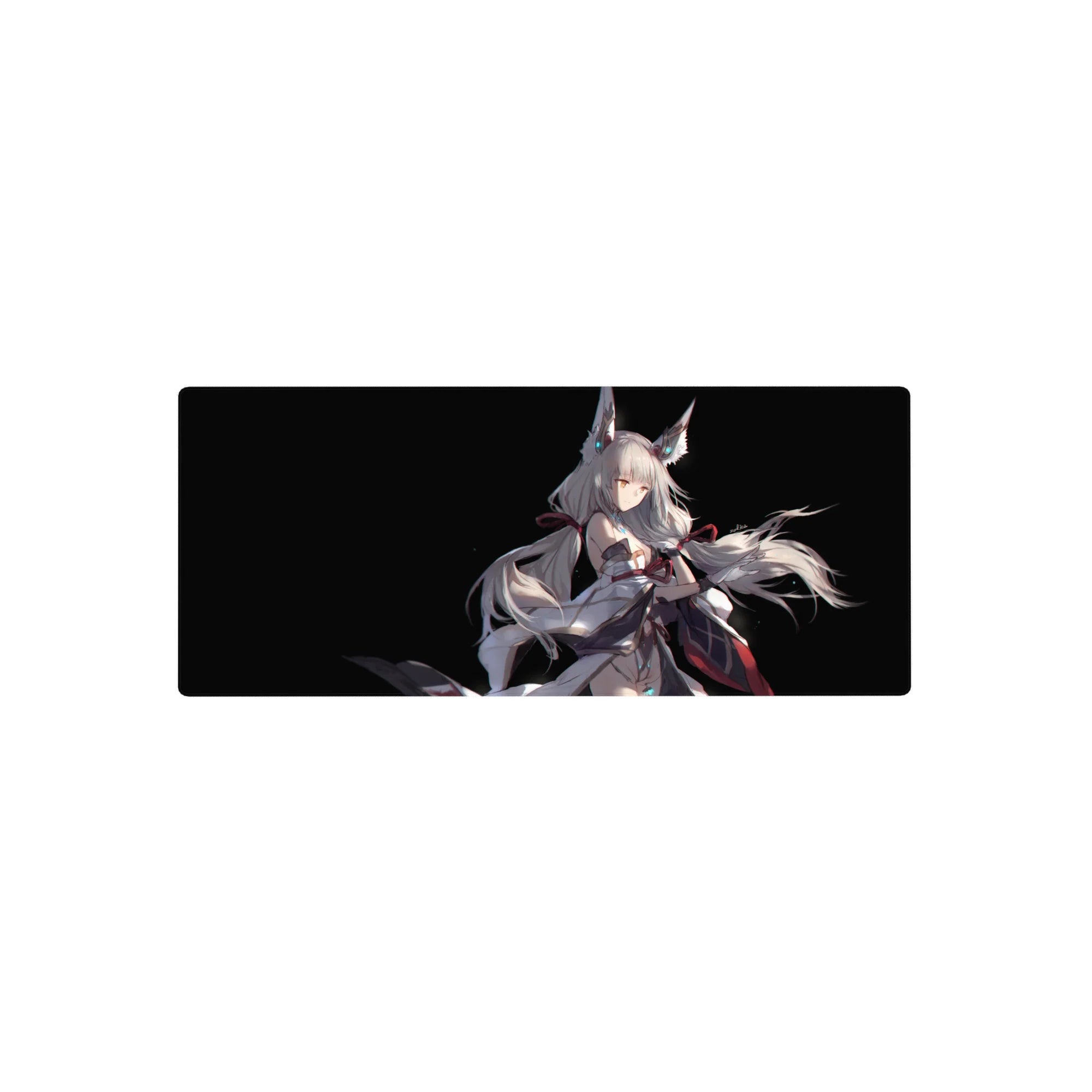 Anime girl mouse pad 28x12 inches with fox-eared silver-haired heroine on a deep black background.