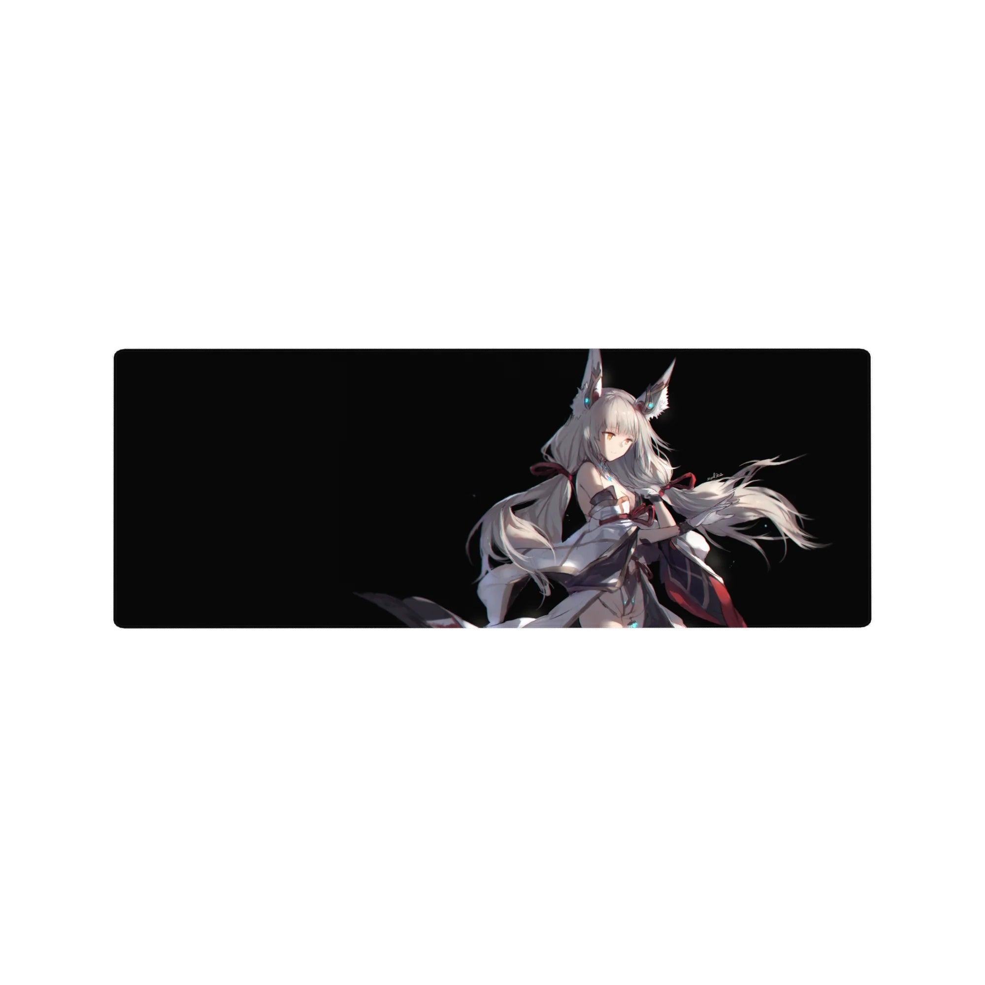 Anime girl mouse pad 32x12 inches with fox-eared silver-haired heroine on a black backdrop and flowing tails.