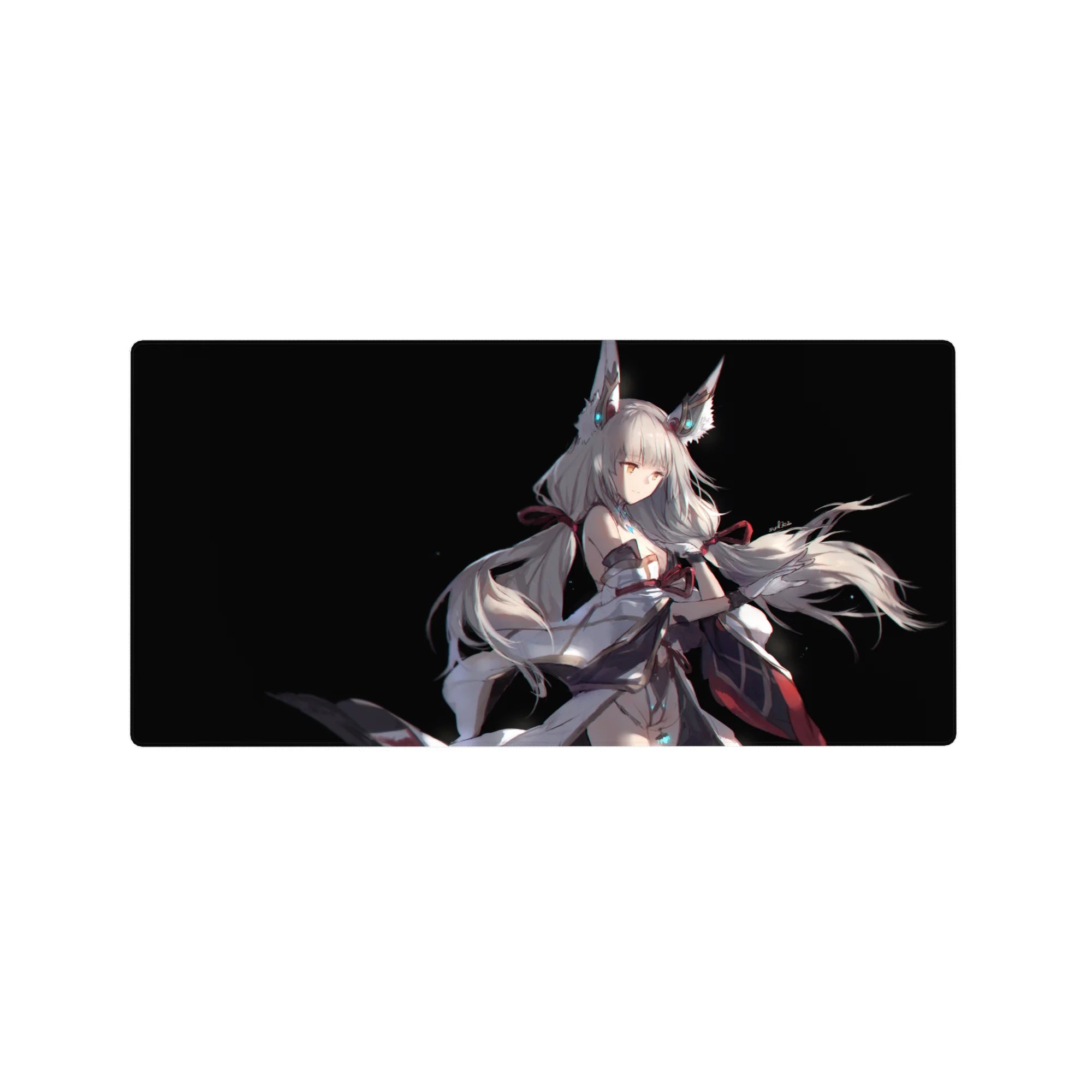 32x16 inches anime girl mouse pad with fox-eared silver-haired heroine on deep black, flowing ribbons and tails.