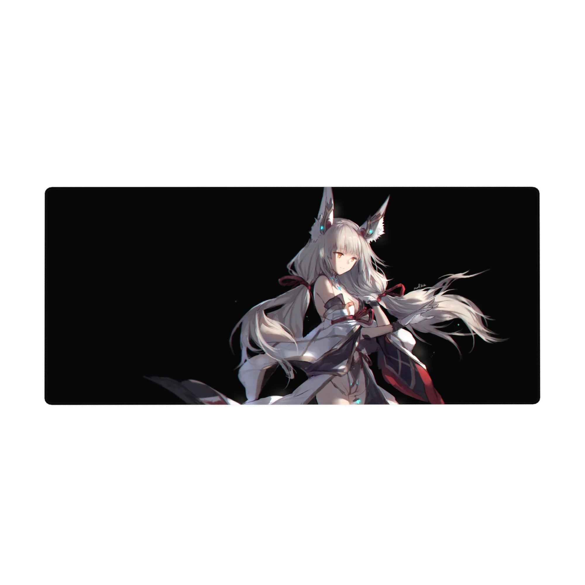Fox-eared silver-haired anime girl desk pad on black, ribbons and flowing tails, 36x16 inches.