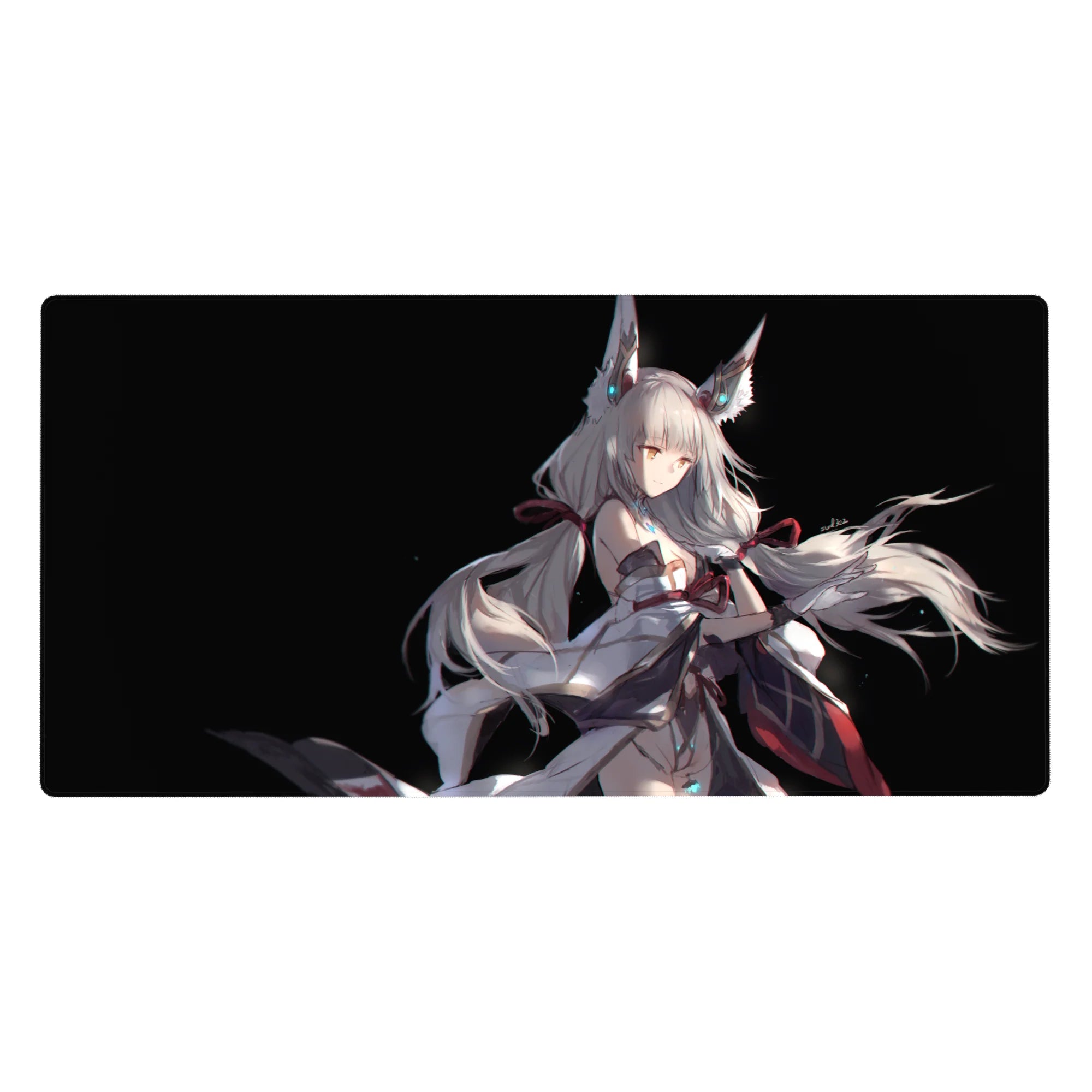 Anime girl desk pad 40x20 inches with fox-eared silver-haired heroine on deep black, flowing tails and ribbons.