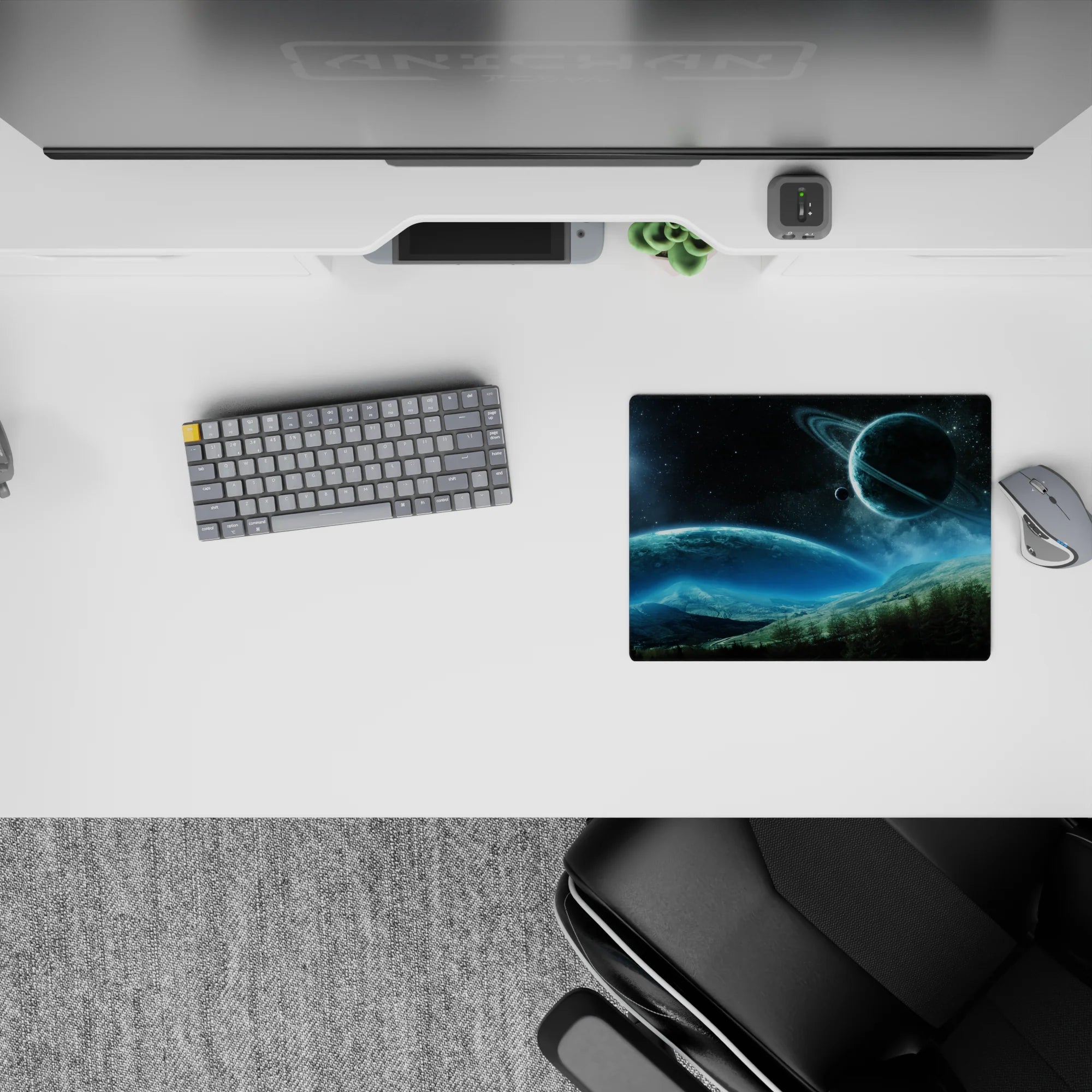 Calming 14x10 inches mouse pad in deep navy and icy blue gradients with a soft cosmic glow.
